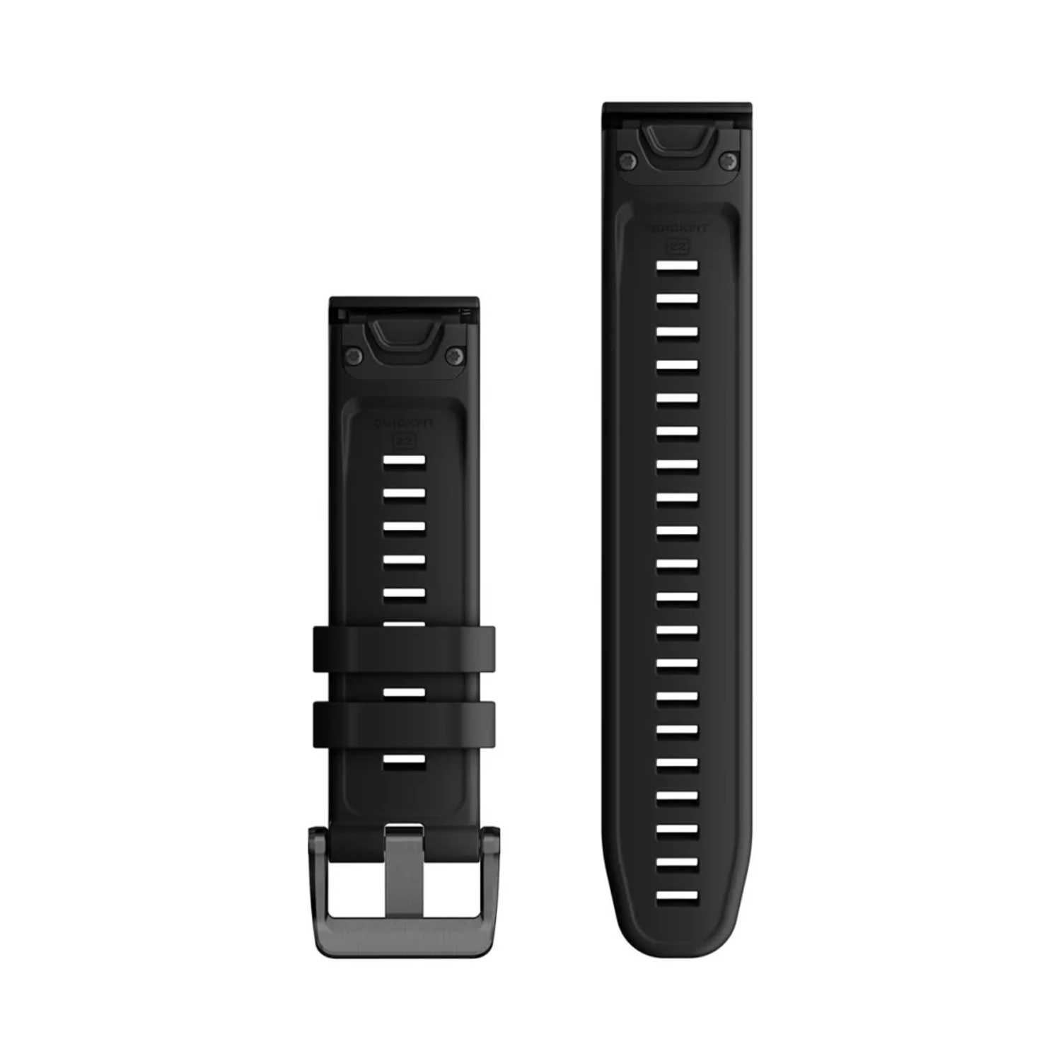 Dwie czarne bransolety do zegarka ze srebrną klamrą i zapięciem.