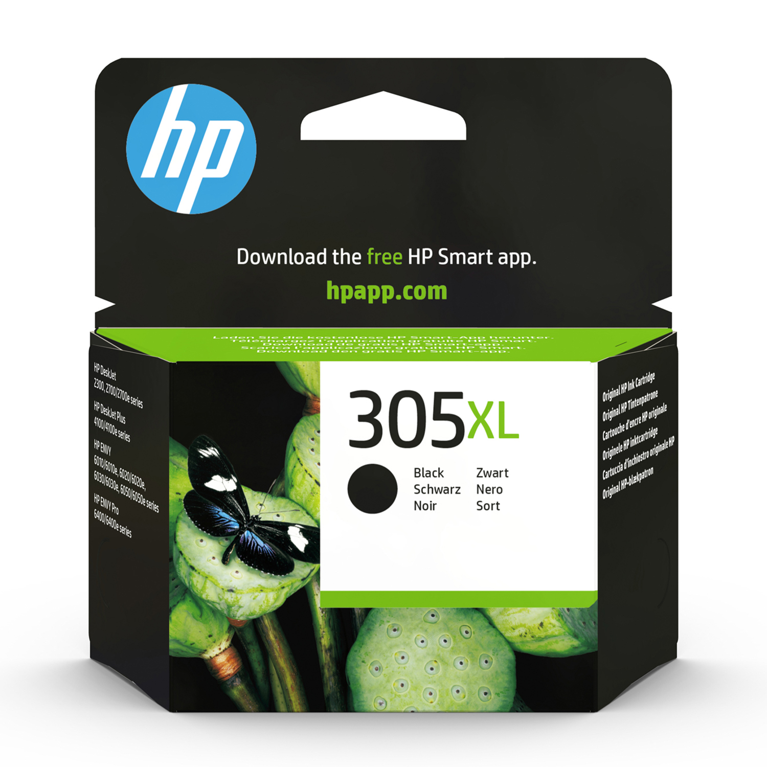 Czarny tusz HP 305XL z motylem na kwiecie lotosu.