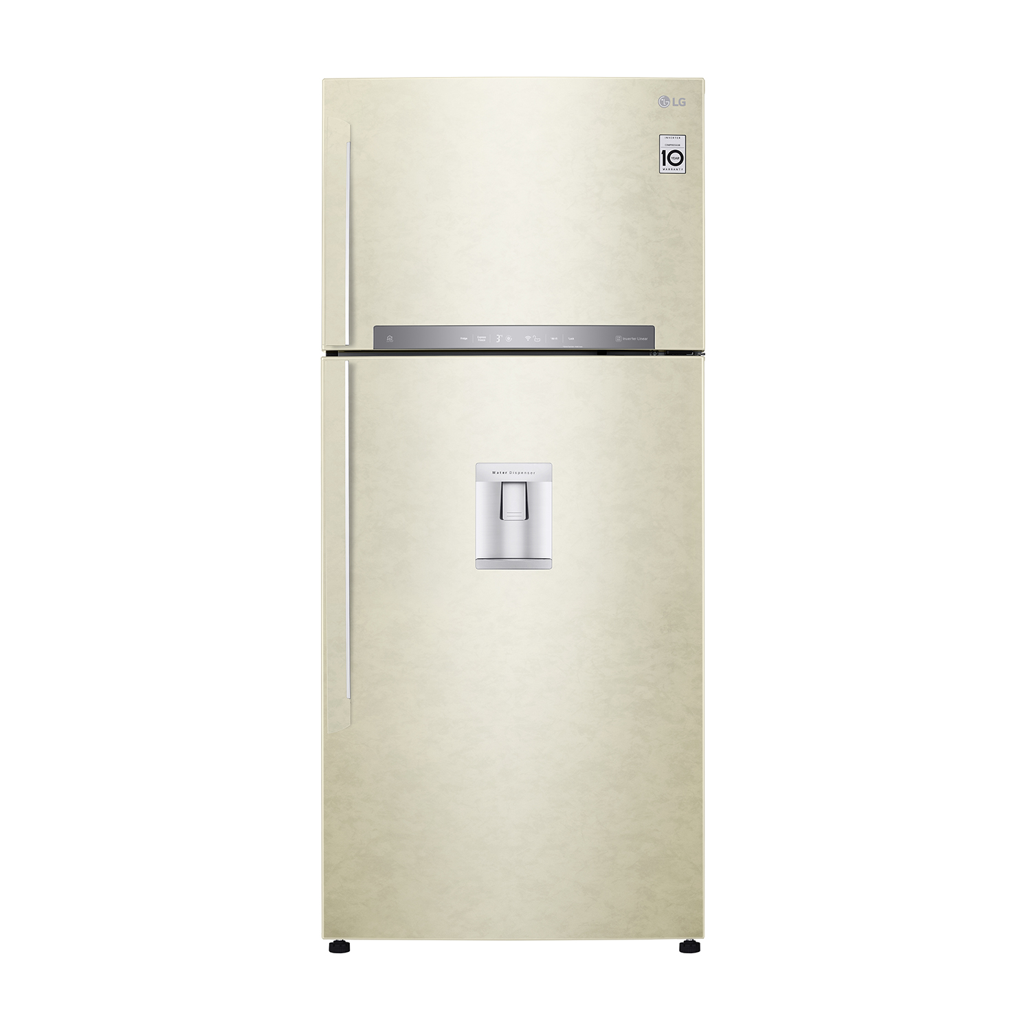 Un refrigerador LG color crema con congelador superior y dispensador de agua.
