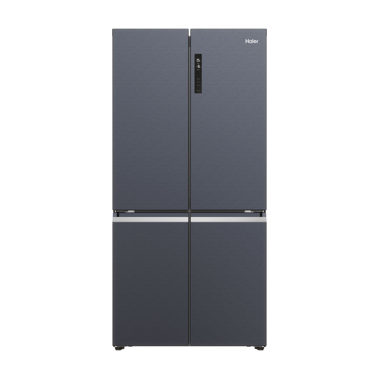 Un refrigerador Haier oscuro de cuatro puertas con pantalla digital.