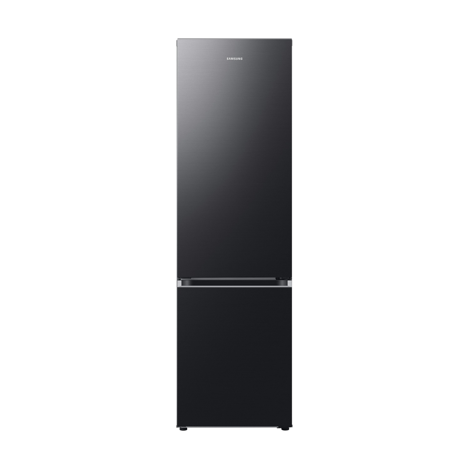 Ein schwarzer Samsung Kühlschrank mit zwei Türen steht auf weißem Hintergrund.