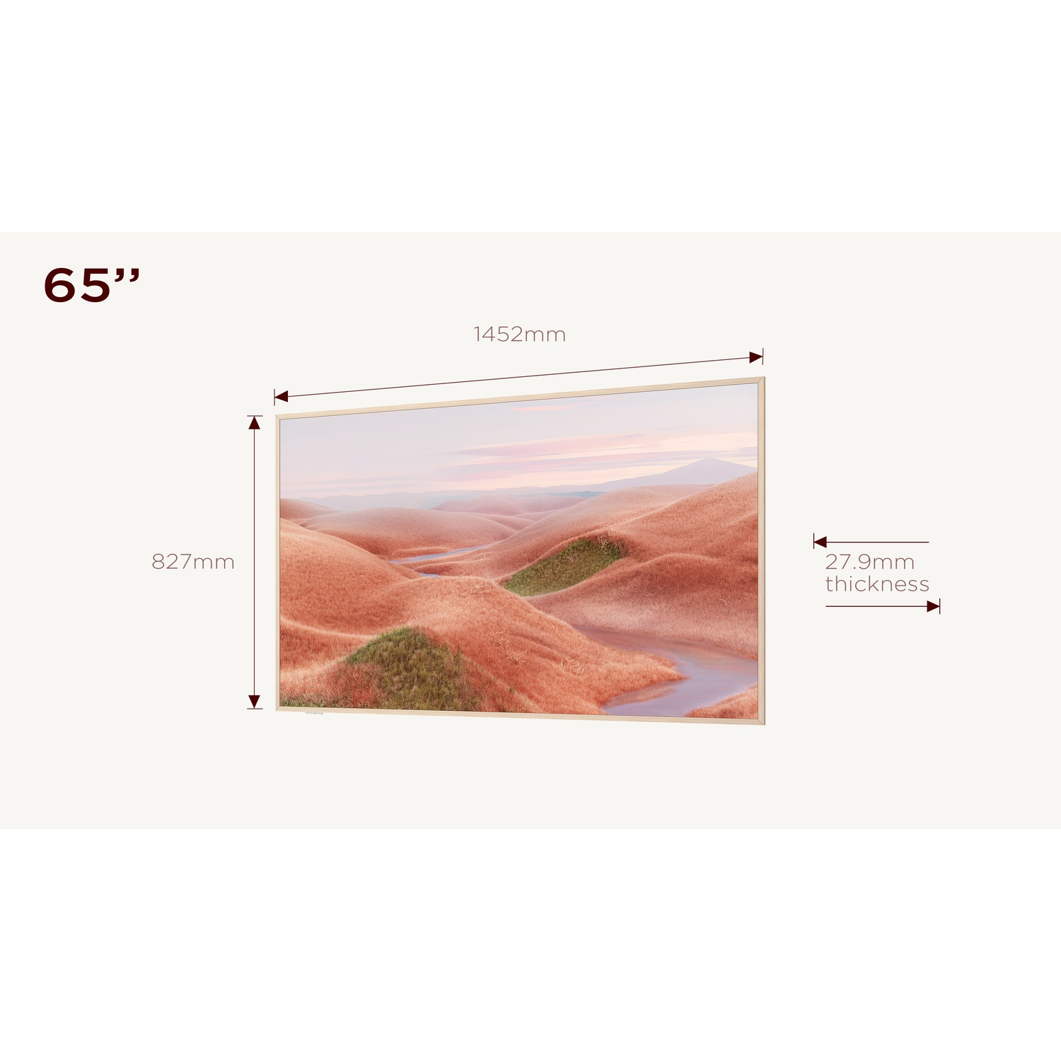 TV de 65 pulgadas, 1452x827mm y 27,9mm de grosor.