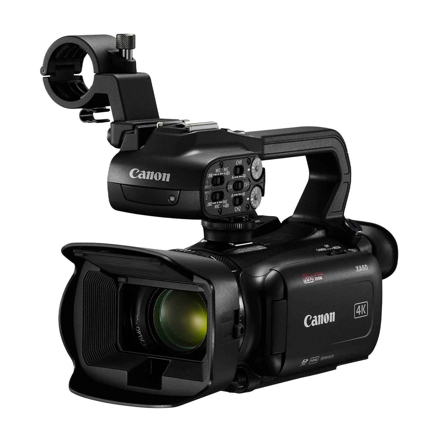 Schwarze Canon XA60 4K Camcorder mit Griff und Objektiv-Sonnenblende.