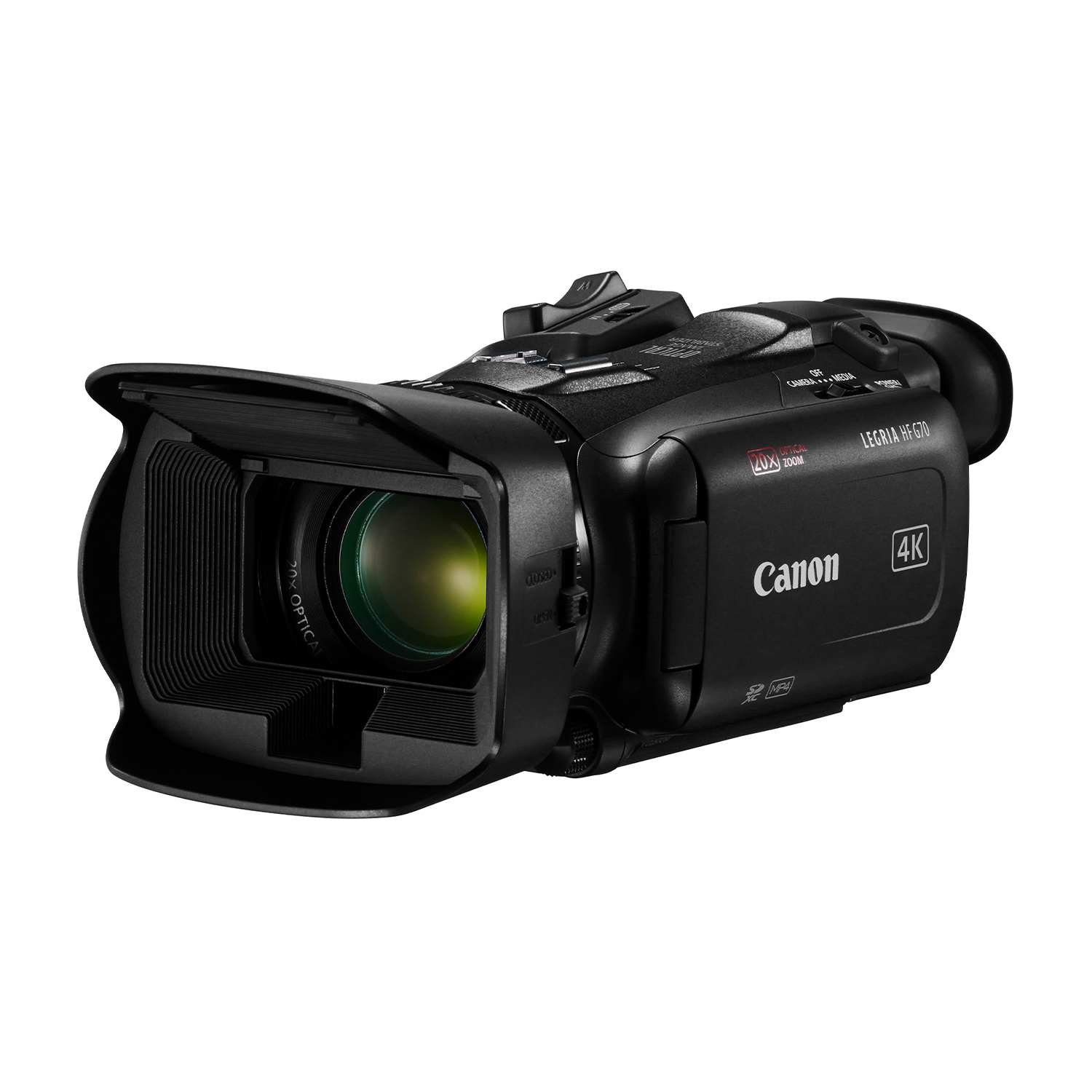 Schwarze Canon Legria HF G70 4K Camcorder mit 20-fachem optischem Zoom.