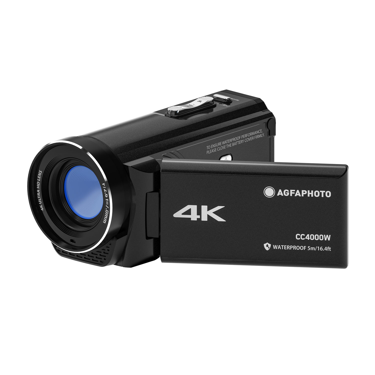 Schwarze 4K-Videokamera mit schwenkbarem Bildschirm und "4K"-Logo.