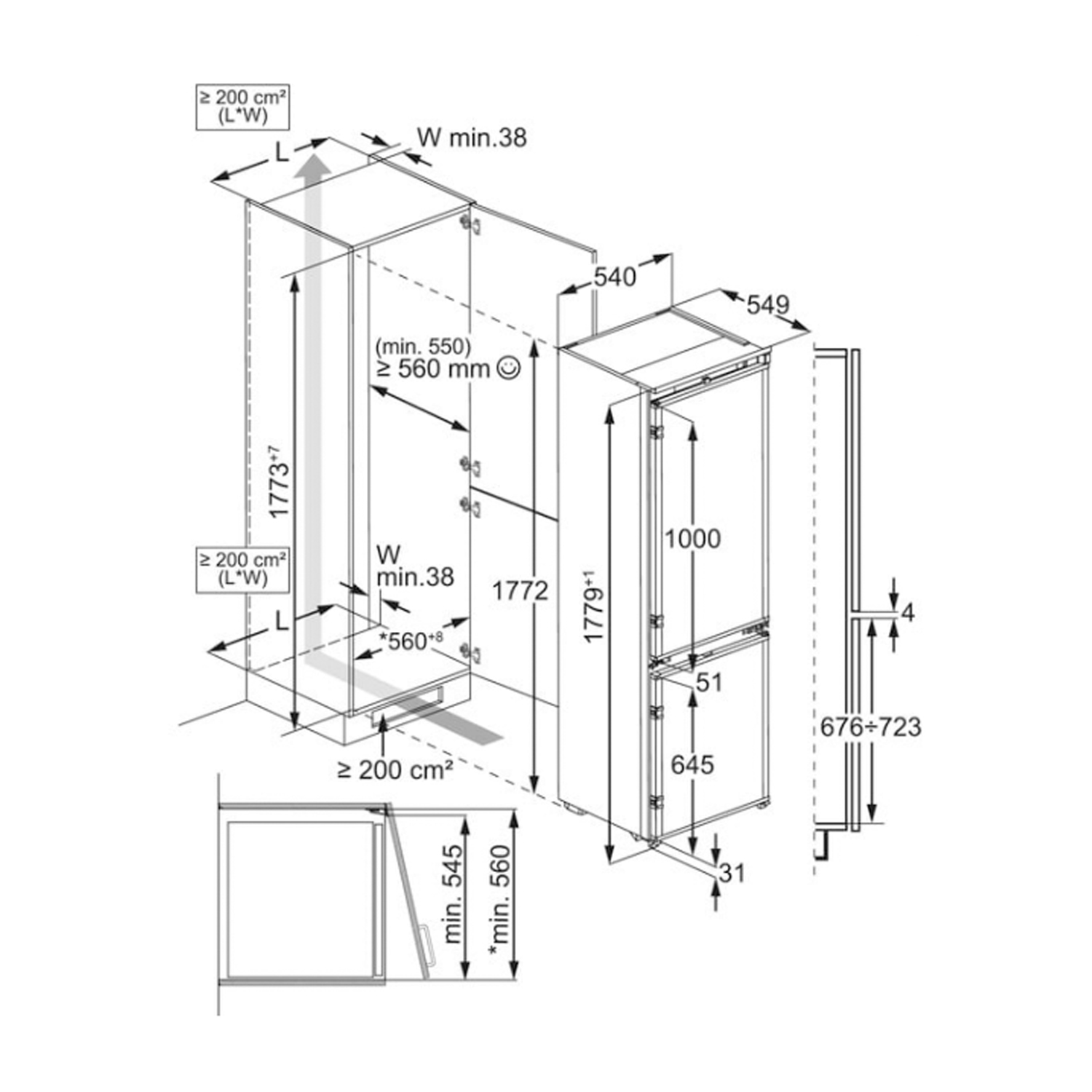 Disegno tecnico di un frigorifero con dimensioni e requisiti di ventilazione.