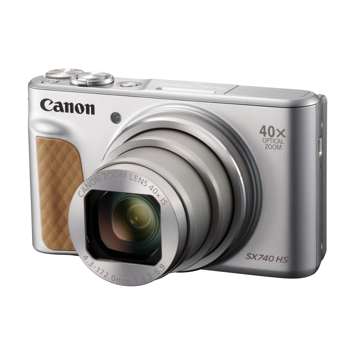 Silberne Canon Digitalkamera mit braunem Griff und 40x optischem Zoom.