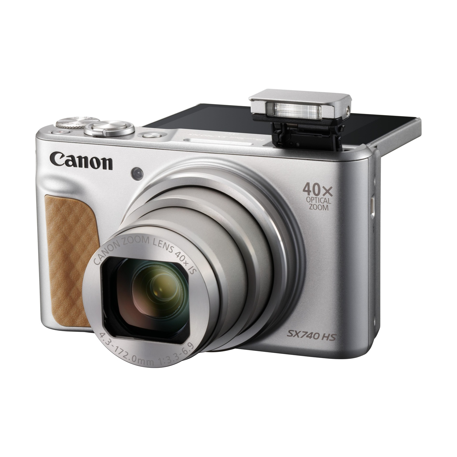 Silberne Canon Kamera mit 40-fach optischem Zoom und ausklappbarem Blitz.