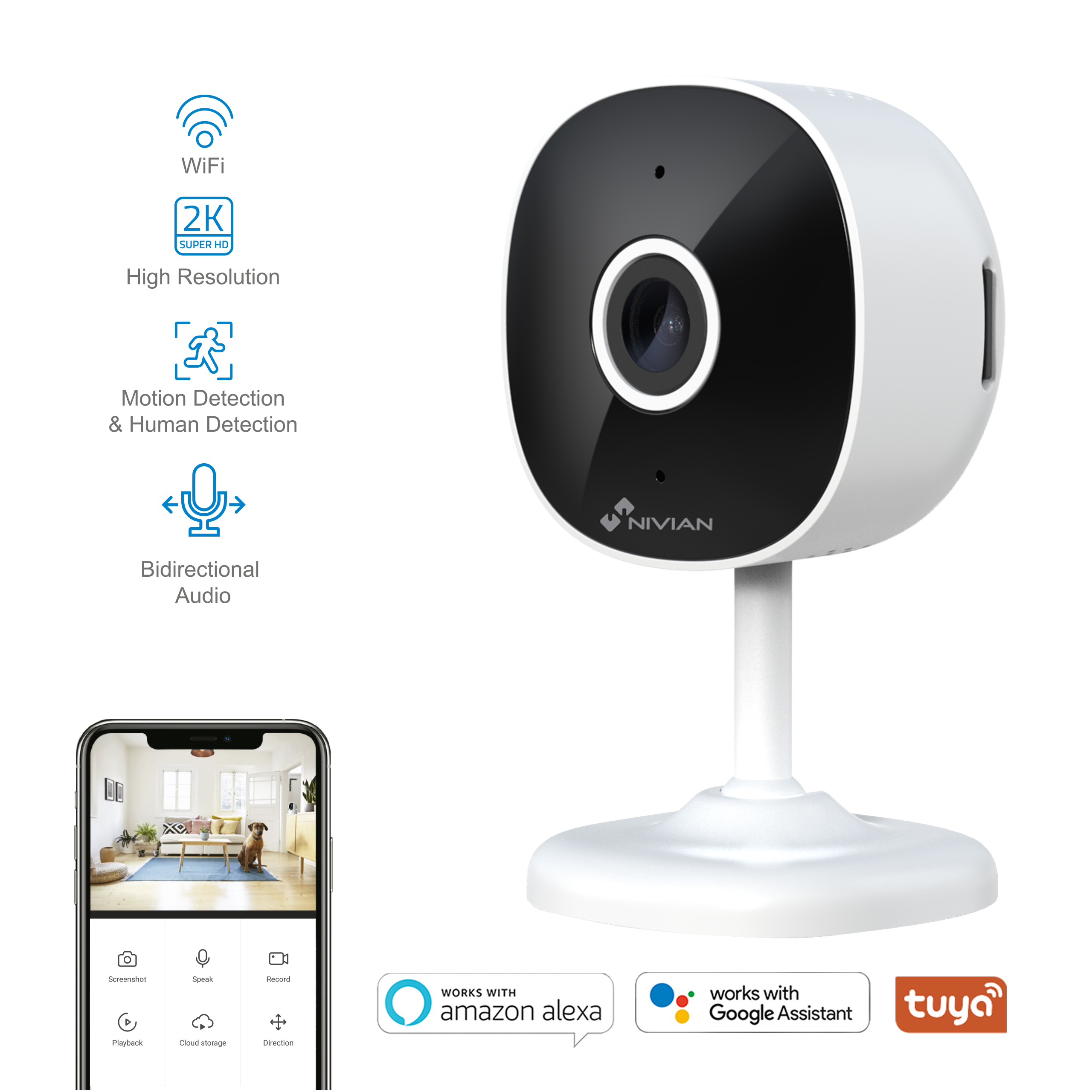 Cámara de seguridad blanca con frente negro, muestra funciones como WiFi, 2K, detección de movimiento, audio.