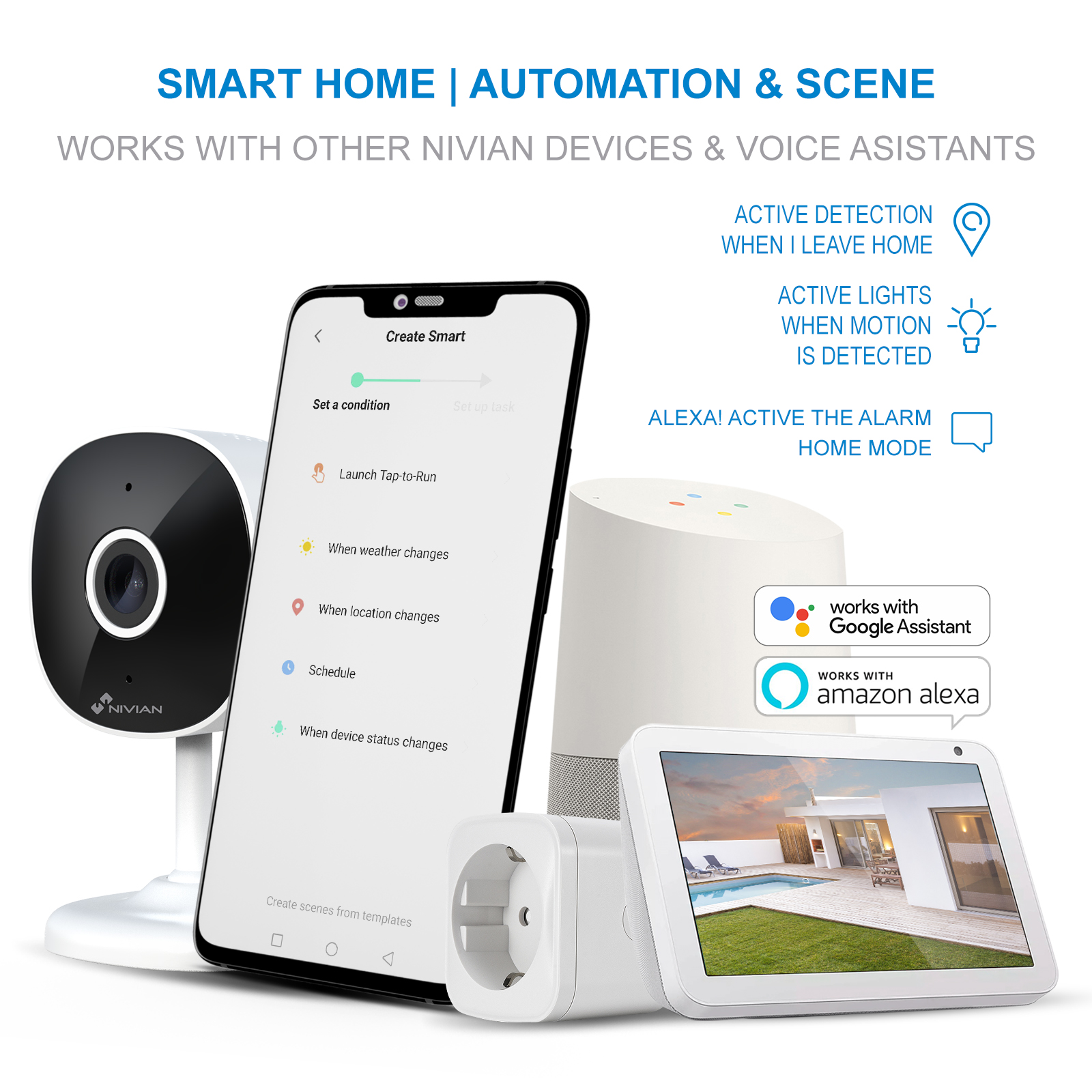 Dispositivos de hogar inteligente: cámara, smartphone, enchufe, altavoz y pantalla.