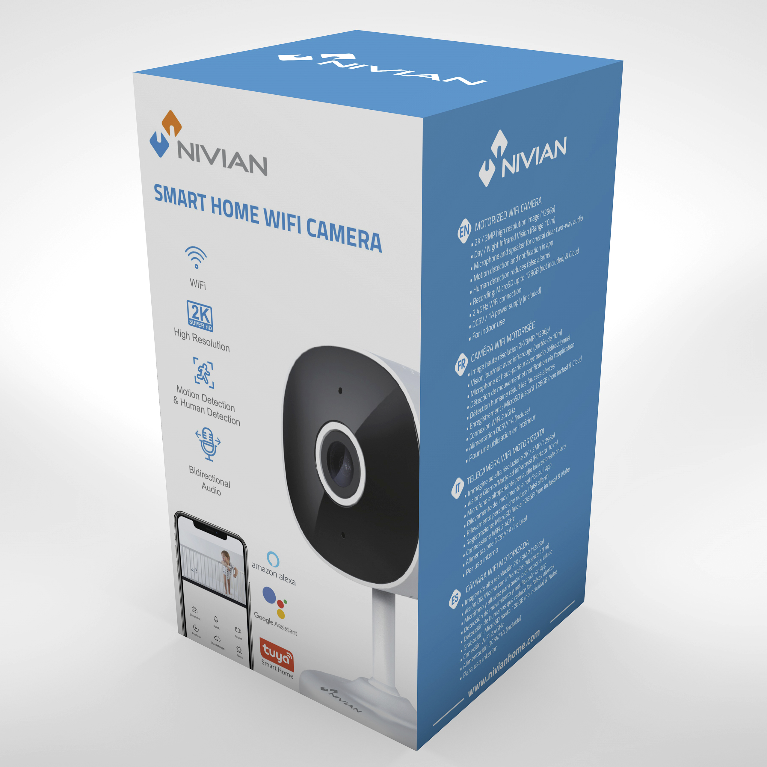 Caja Nivian Smart Home WiFi Cámara mostrando cámara y características como 2K, WiFi, detección movimiento.