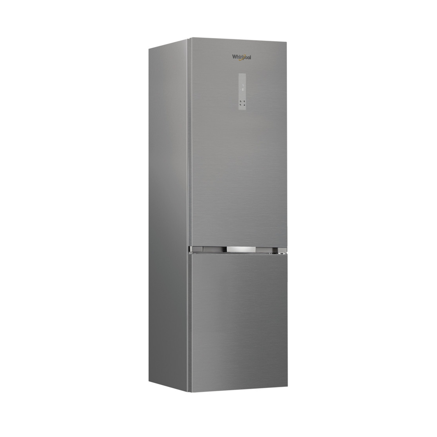 Nowoczesna szara lodówka dwudrzwiowa z cyfrowym wyświetlaczem.