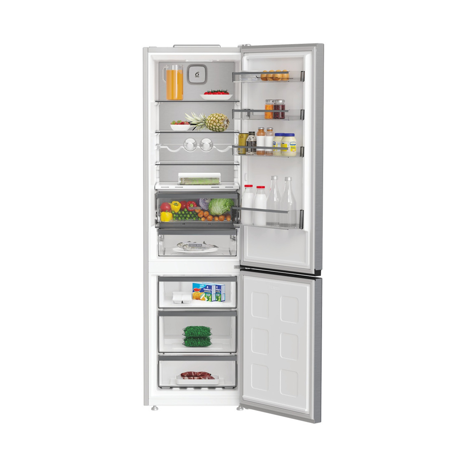 Otwarta lodówka wypełniona jedzeniem, w tym owocami, warzywami i napojami.