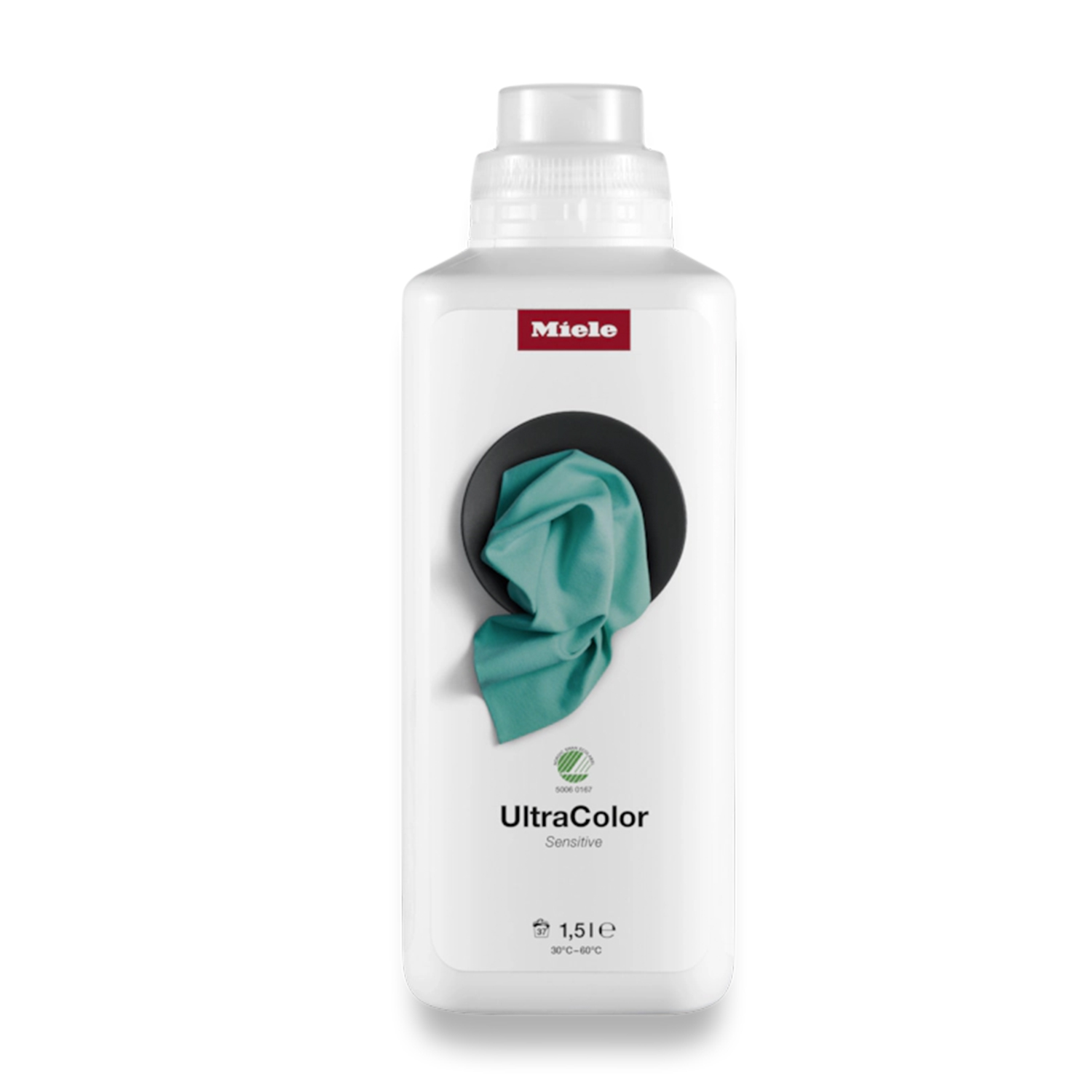 Flacone bianco detersivo Miele UltraColor Sensitive con panno turchese.