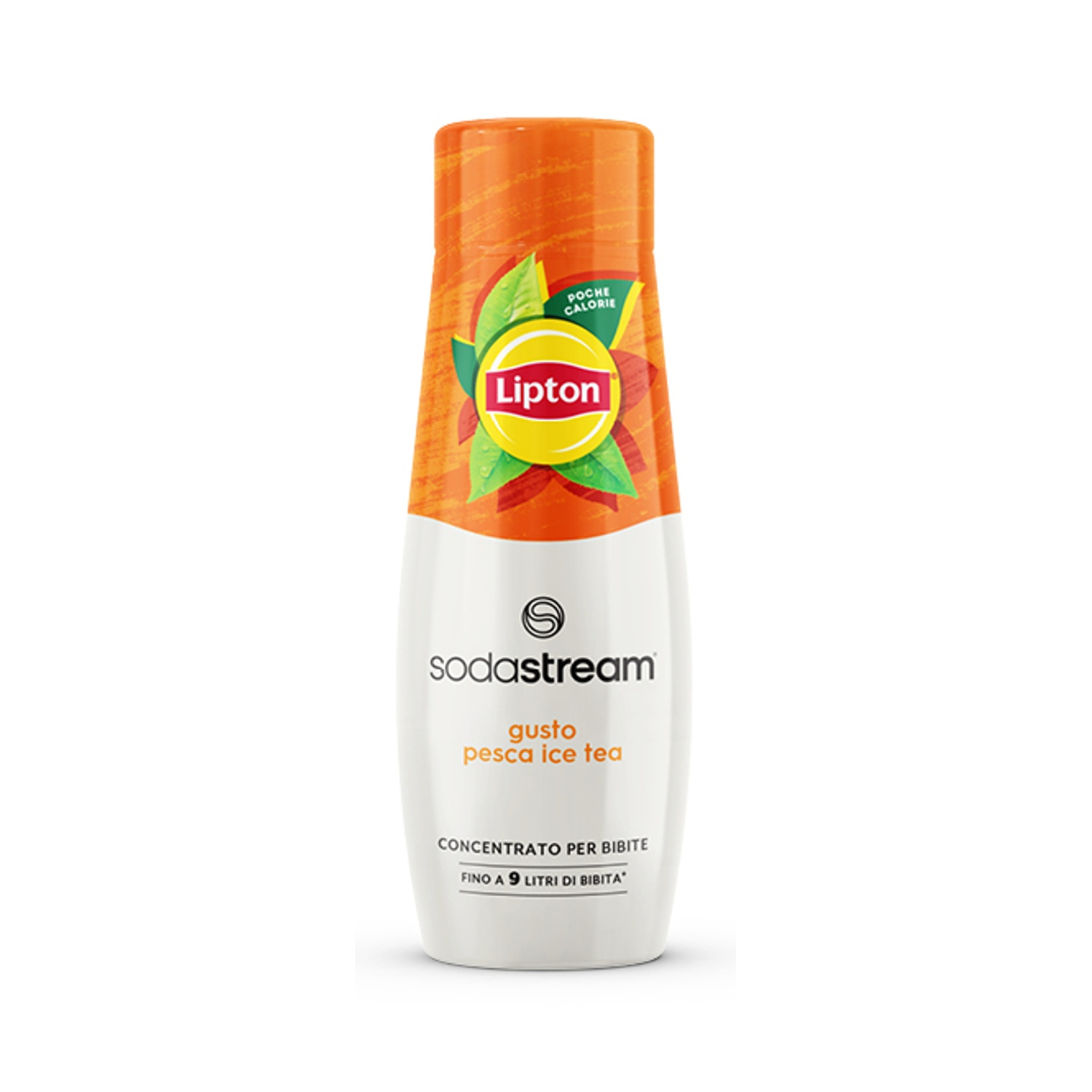 Concentrato Lipton Sodastream pesca ice tea, bottiglia arancione e bianca.