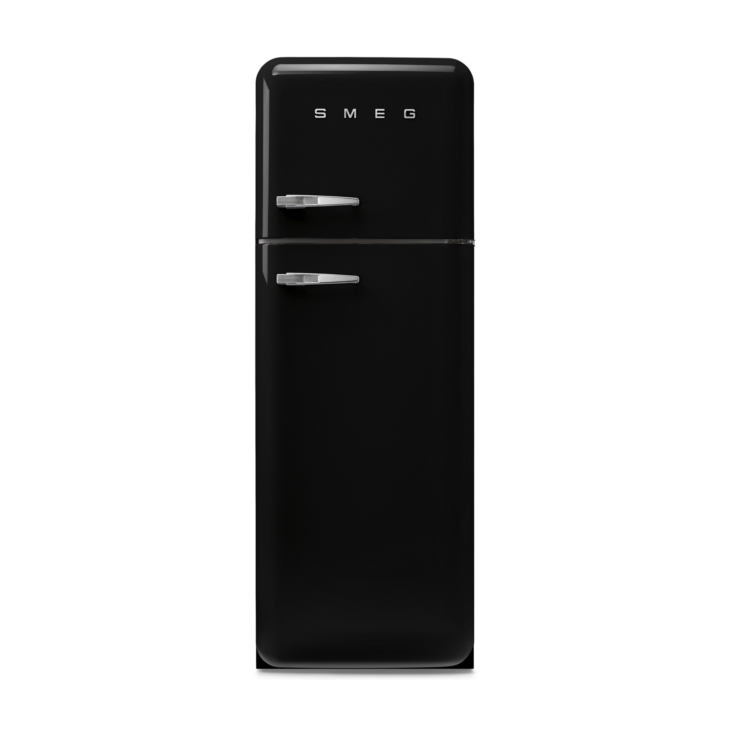 Ein schlanker schwarzer Kühlschrank mit silbernen Griffen und dem "SMEG"-Logo.