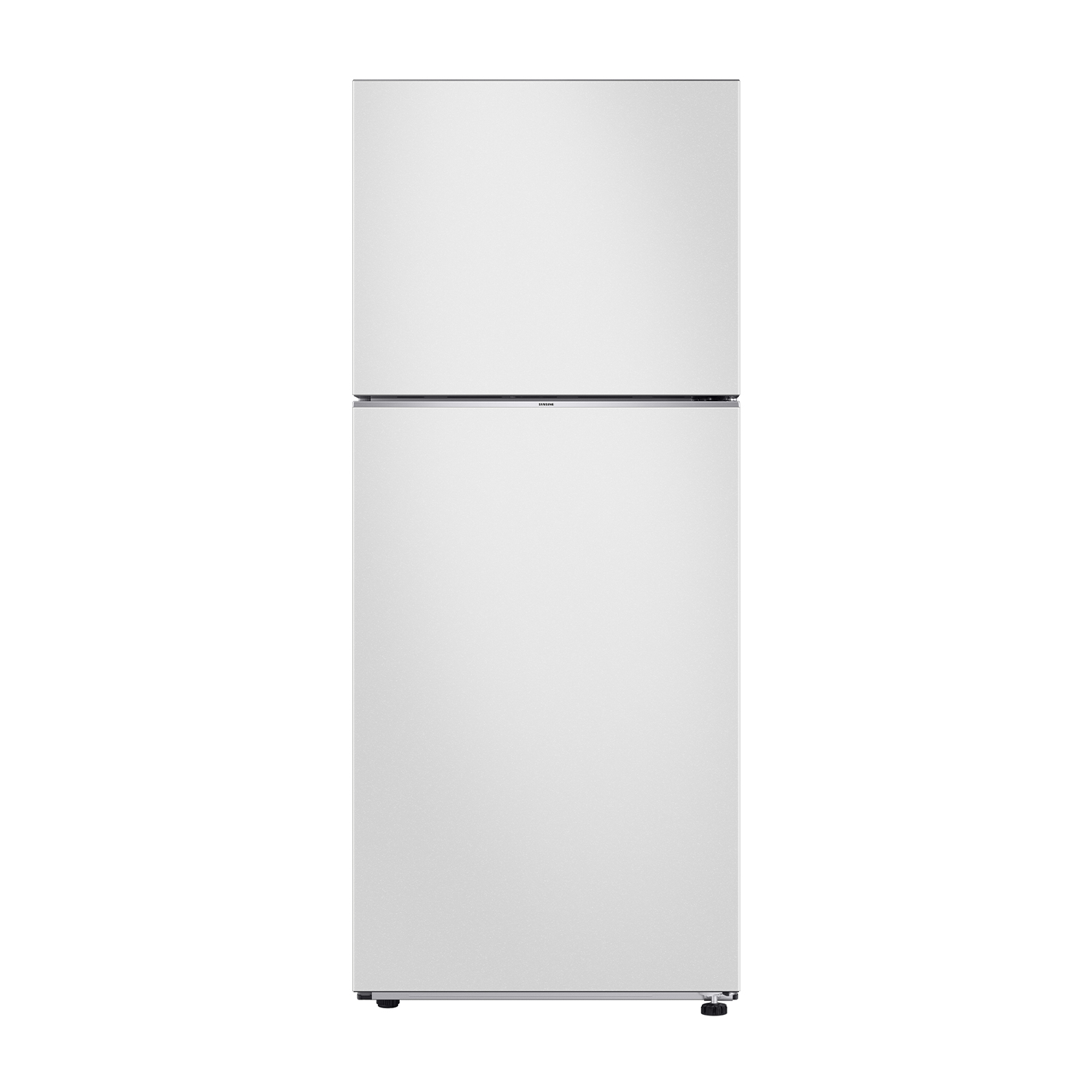 Ein weißer Kühlschrank mit zwei Türen und einer dunklen horizontalen Linie dazwischen.