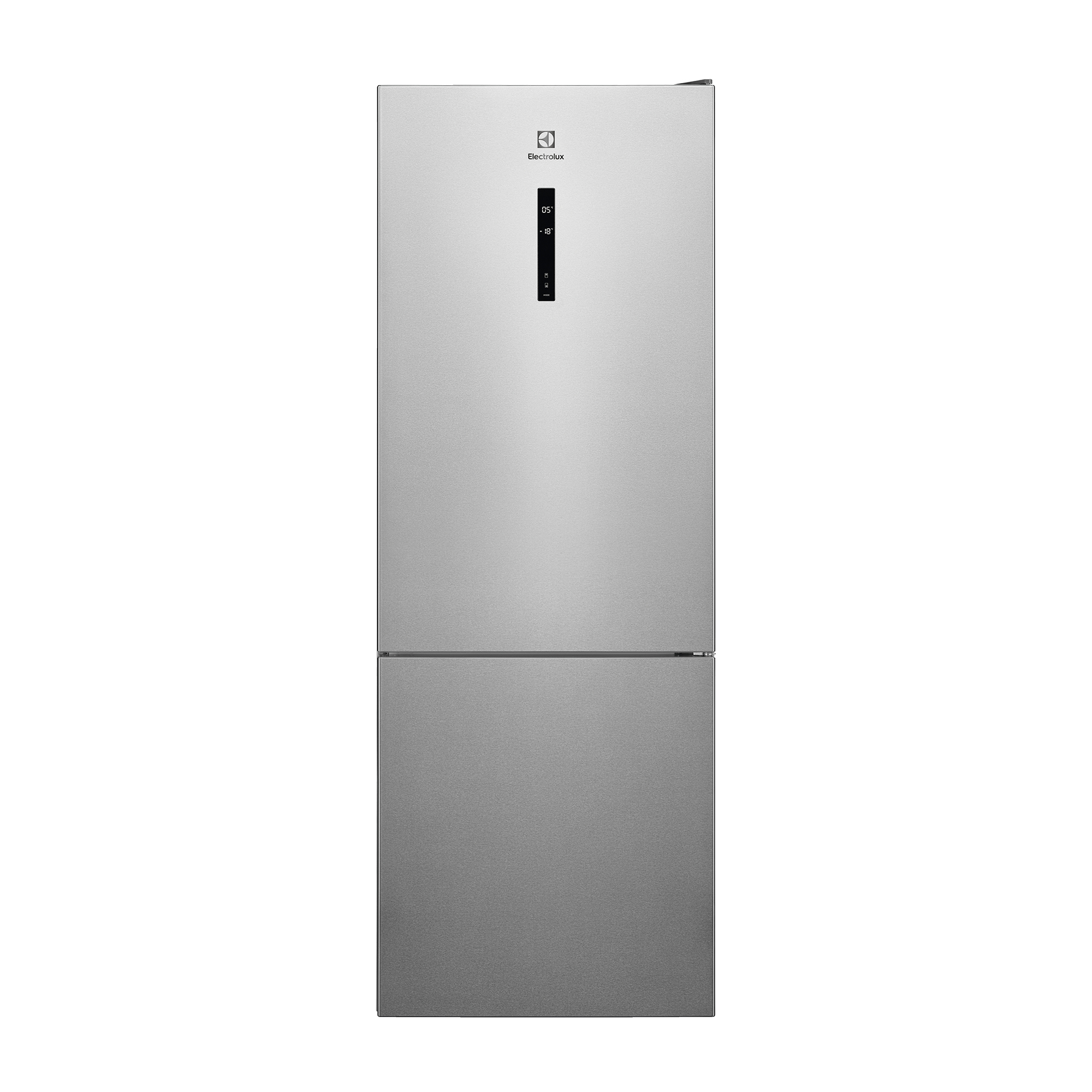 Un refrigerador plateado con pantalla digital que muestra 5°C y -18°C.