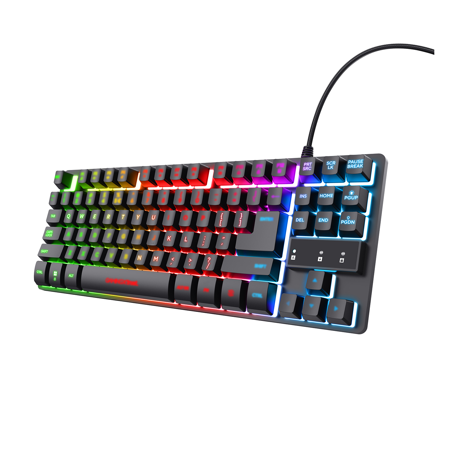 Una tastiera nera con retroilluminazione RGB che sfuma da verde a rosso da sinistra a destra.