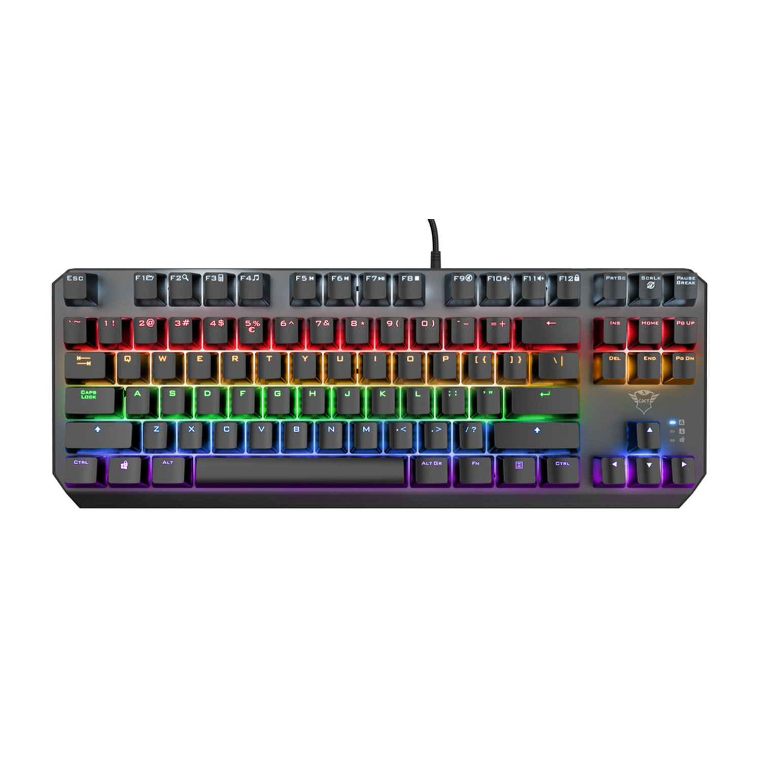 Una tastiera nera con illuminazione RGB su sfondo bianco.