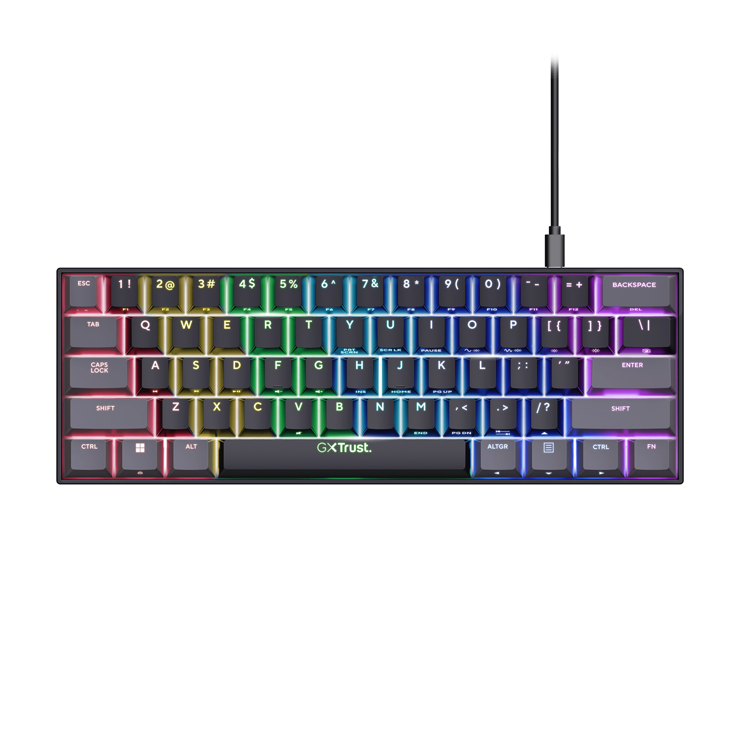 Una tastiera meccanica compatta con illuminazione RGB e scocca nera.