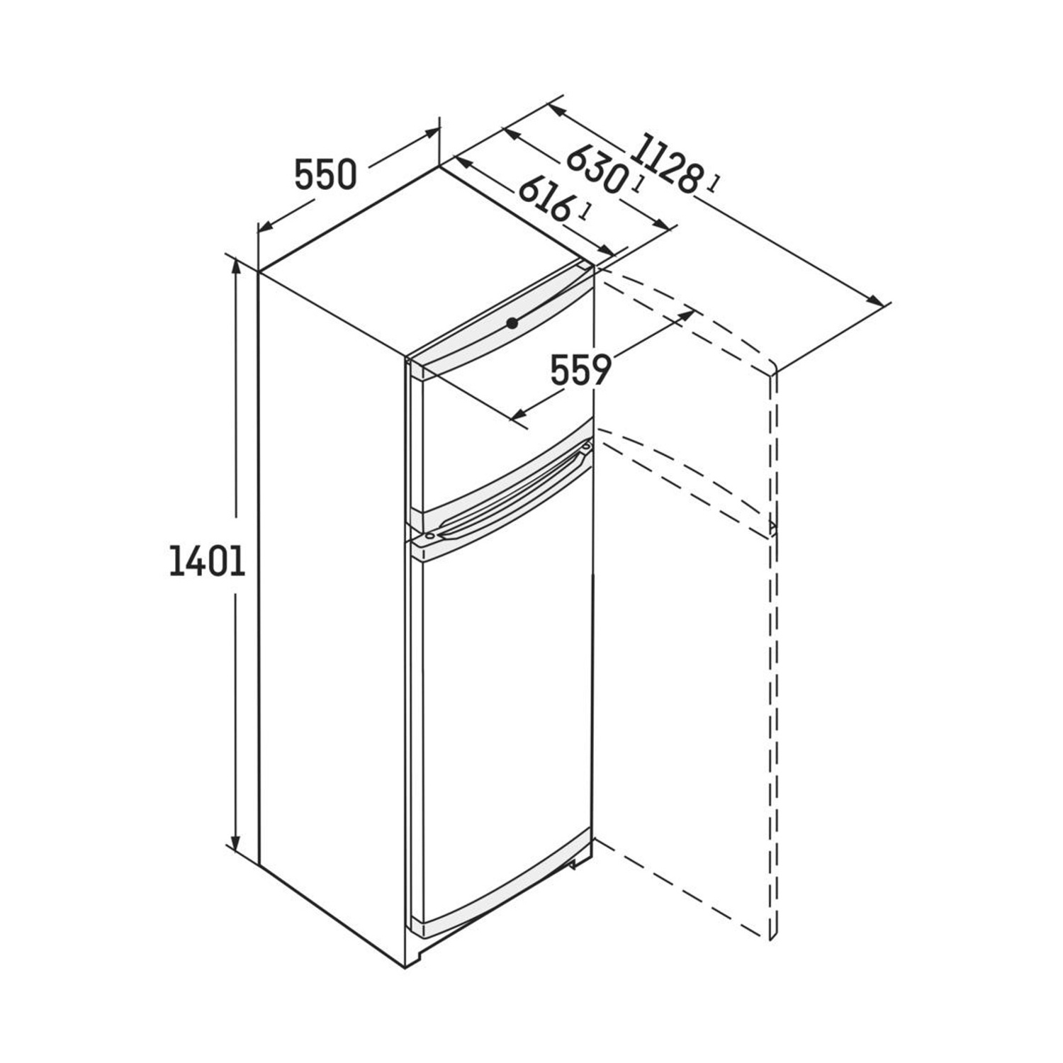 Rysunek techniczny lodówki z wymiarami: wys. 1401, szer. 550, gł. 630.