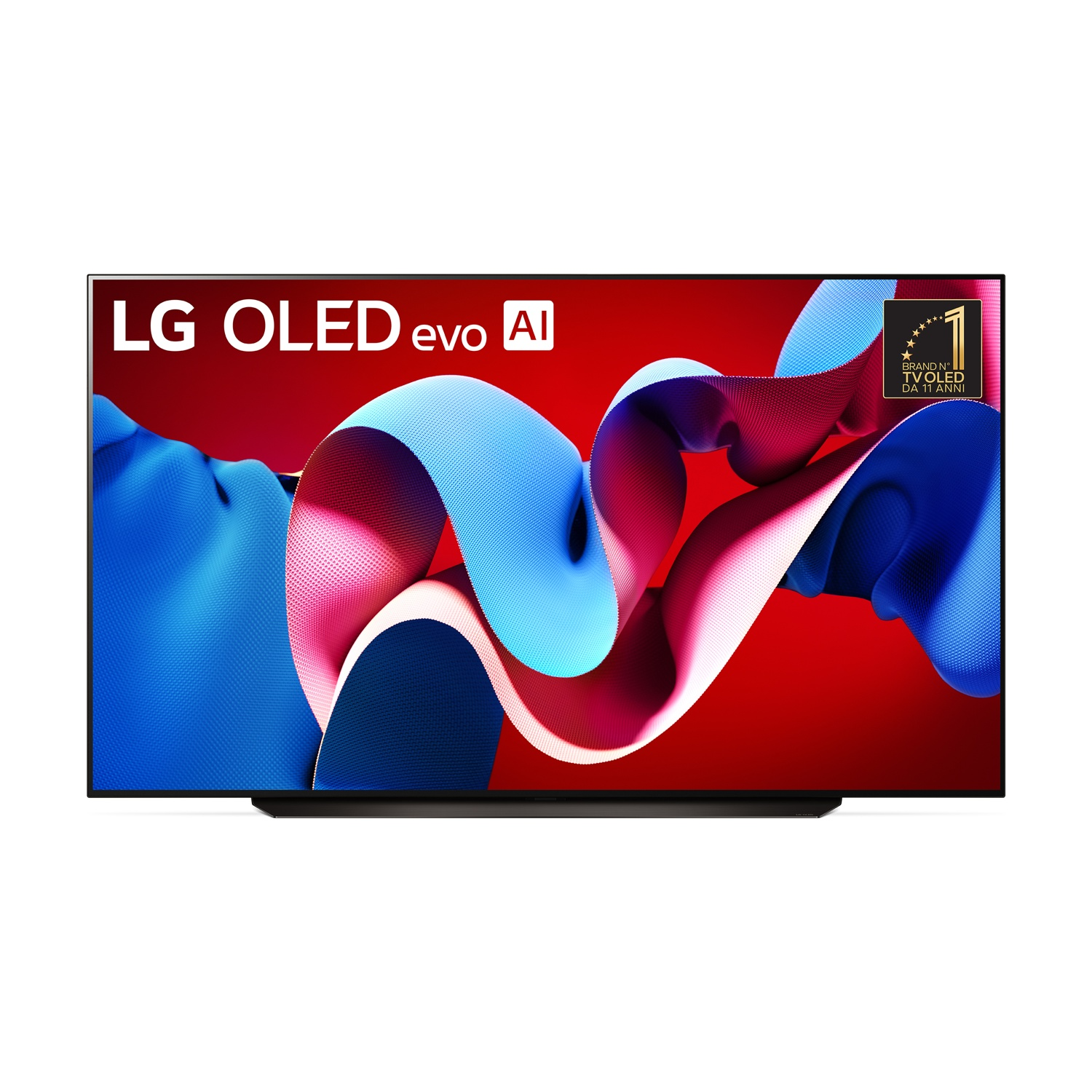 TV LG OLED evo AI con sfondo rosso e forme blu/rosa.