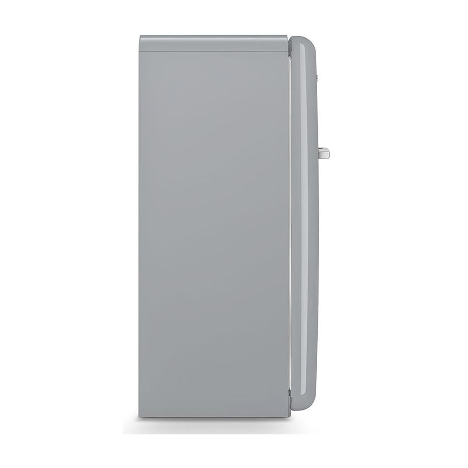 Un frigorífico gris estilo retro visto de lado.