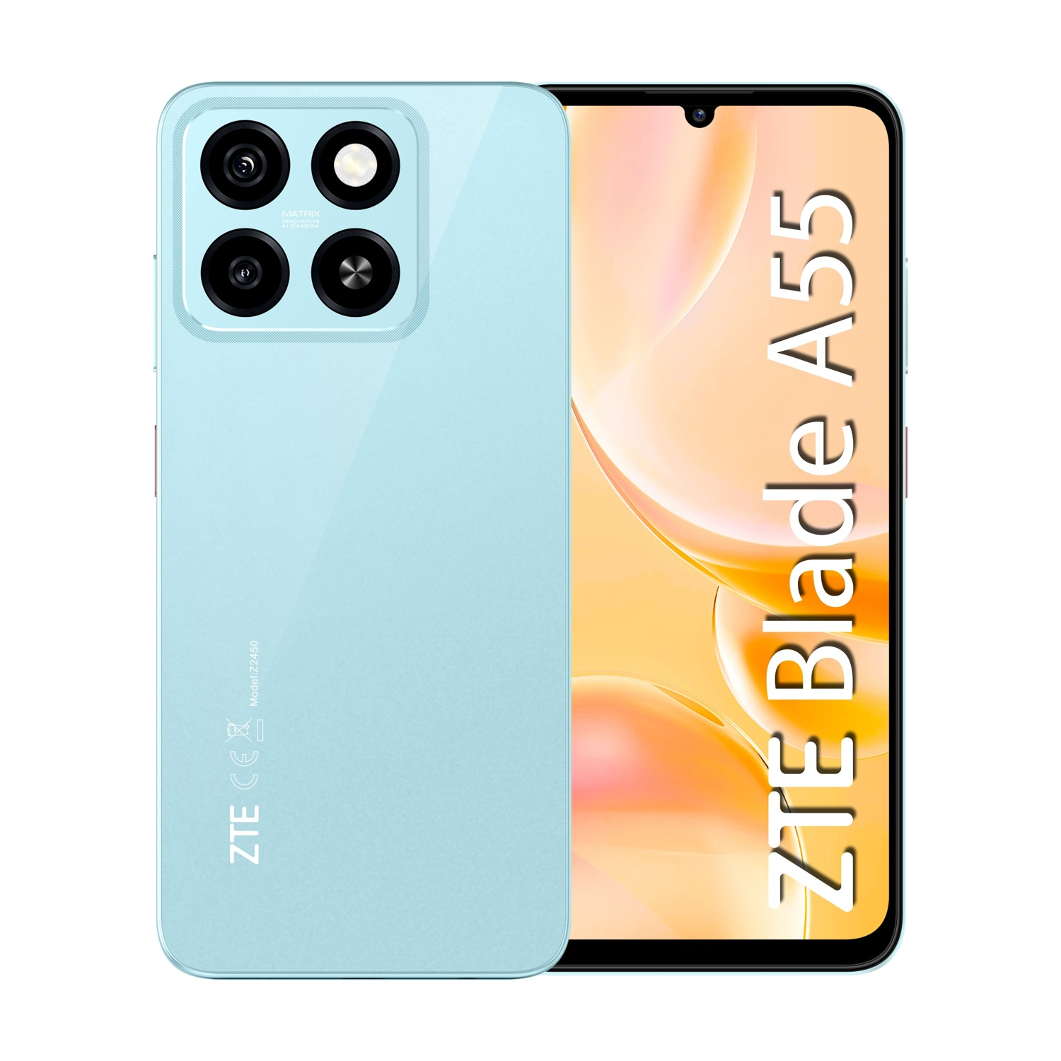 Jasnoniebieski smartfon ZTE Blade A55 z poczwórnym aparatem z tyłu.