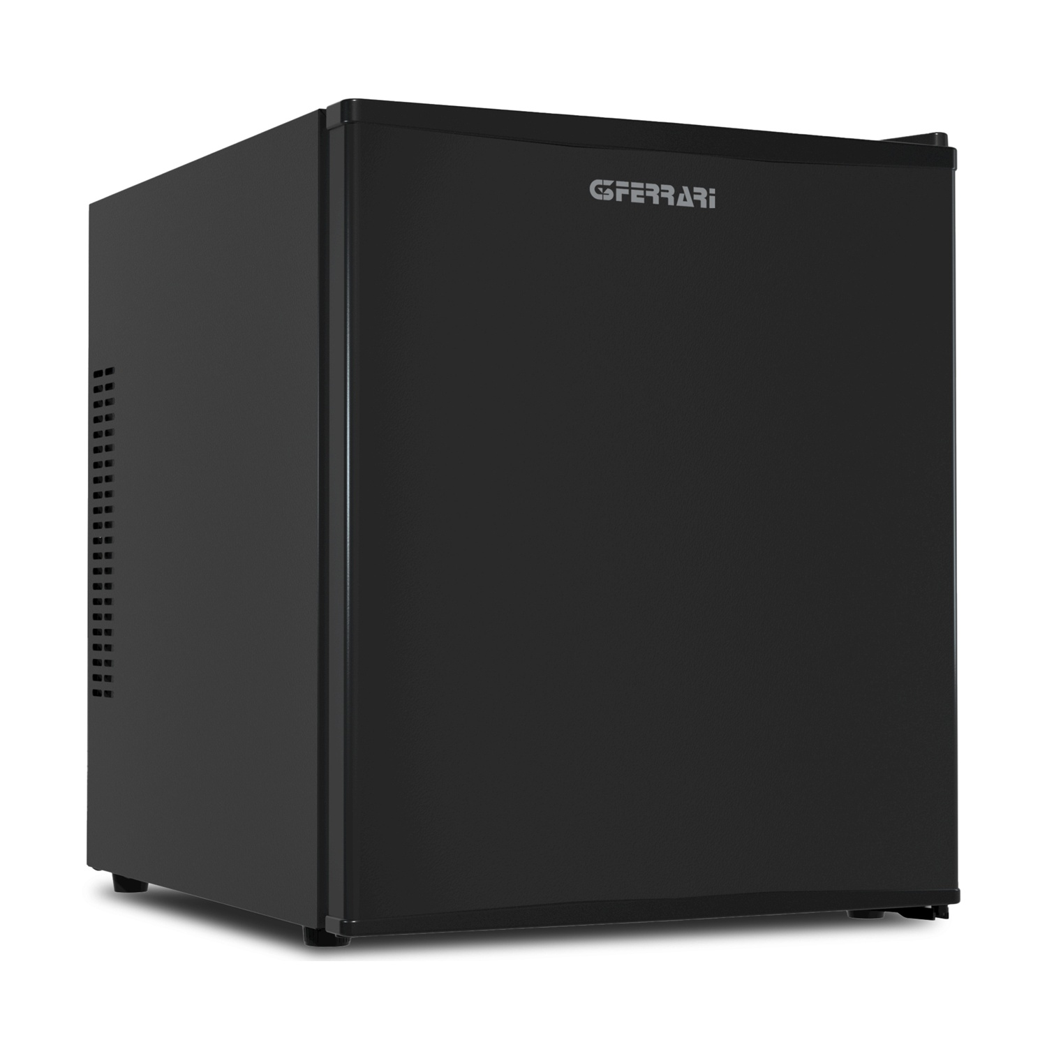 Un mini refrigerador negro con el logo de Ferrari encima.