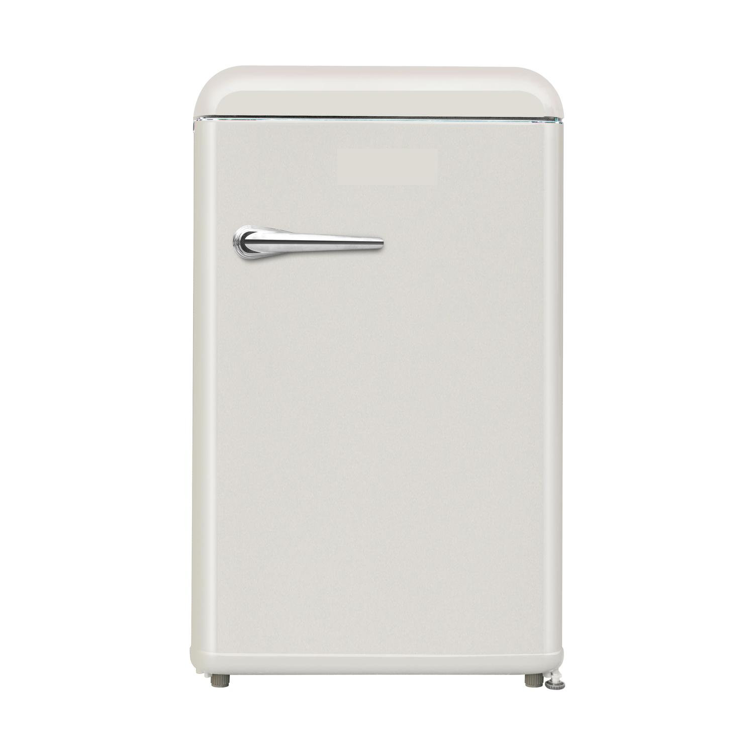 Un refrigerador pequeño, color crema, con asa cromada y esquinas redondeadas.