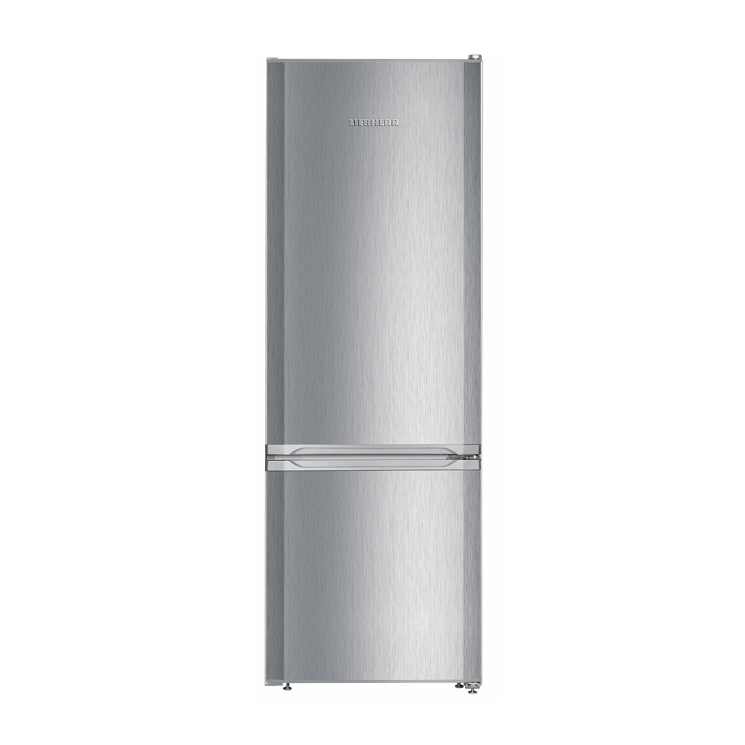 Un refrigerador plateado de dos puertas con un asa horizontal.
