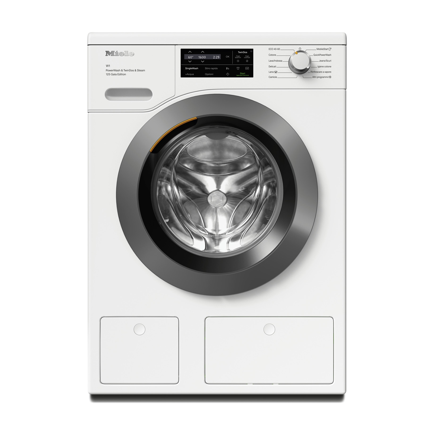 Une machine à laver Miele blanche avec hublot et panneau de commande argentés.