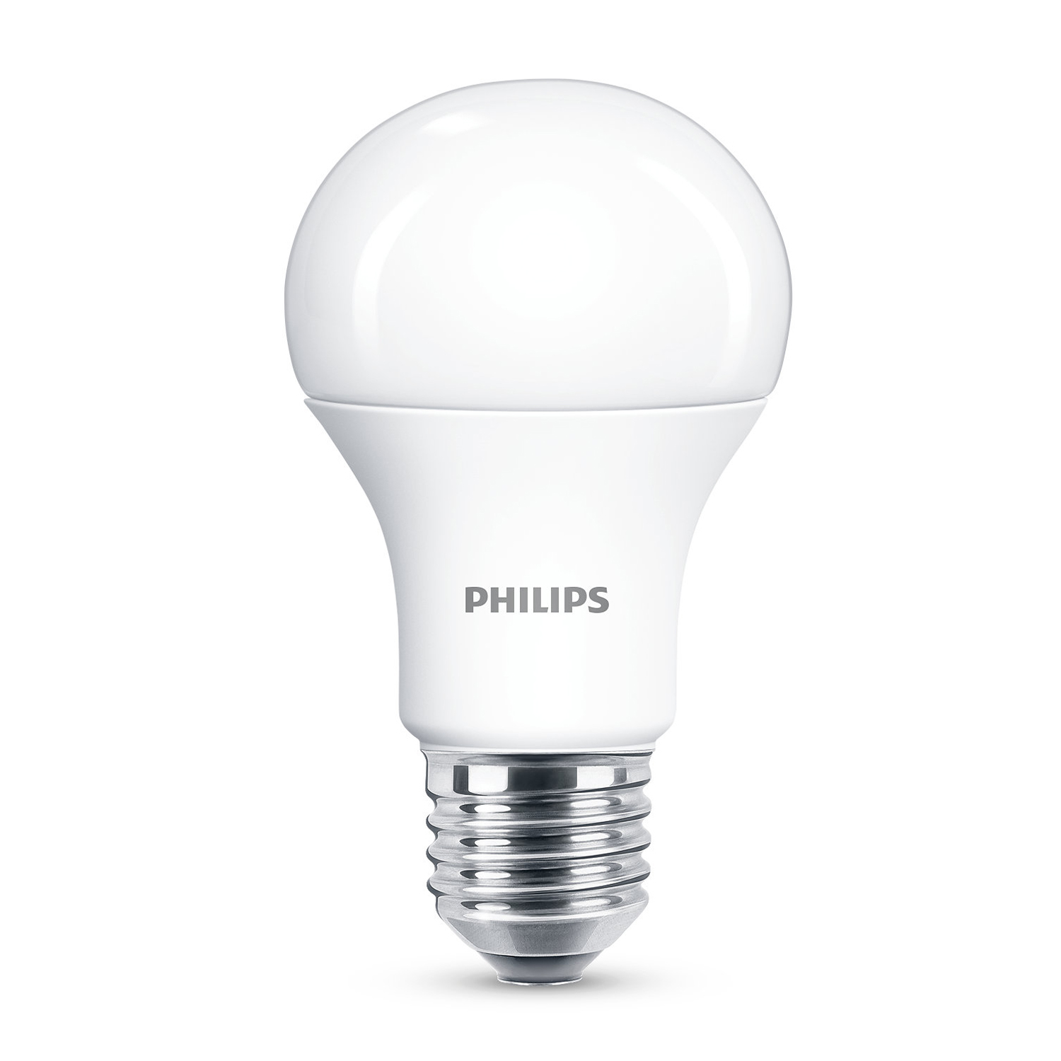 Una bombilla Philips blanca con base de rosca plateada sobre fondo blanco.