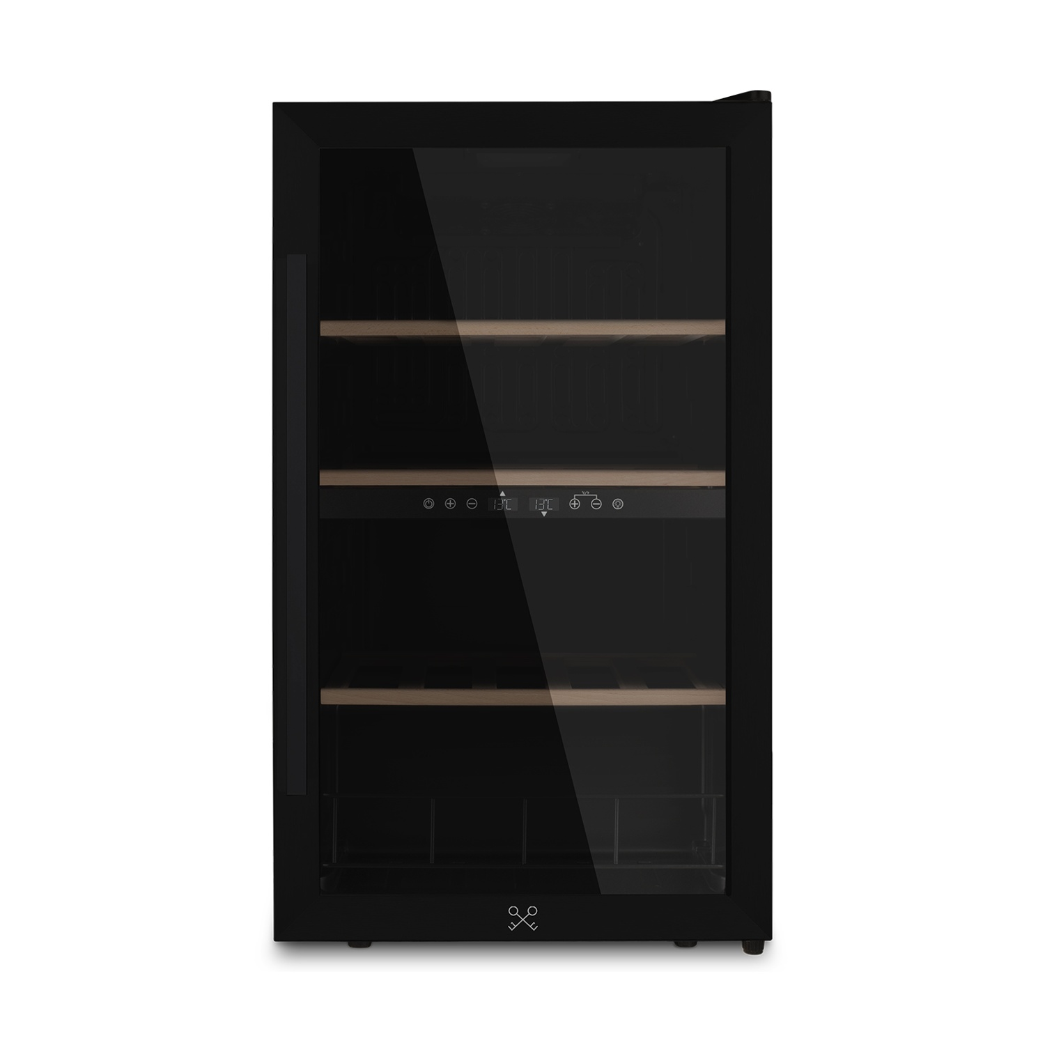 Schwarzer Weinkühlschrank mit Glastür, Holzböden und digitaler Anzeige.