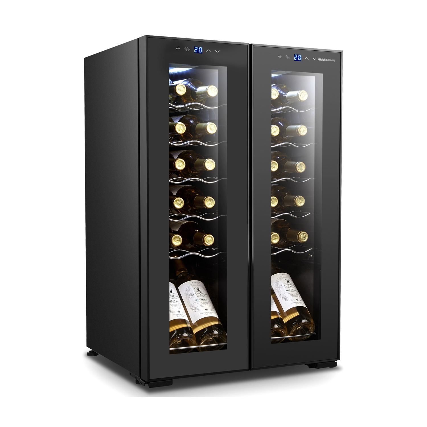 Schwarzer Weinkühlschrank mit zwei Glastüren und Wein bestückt.