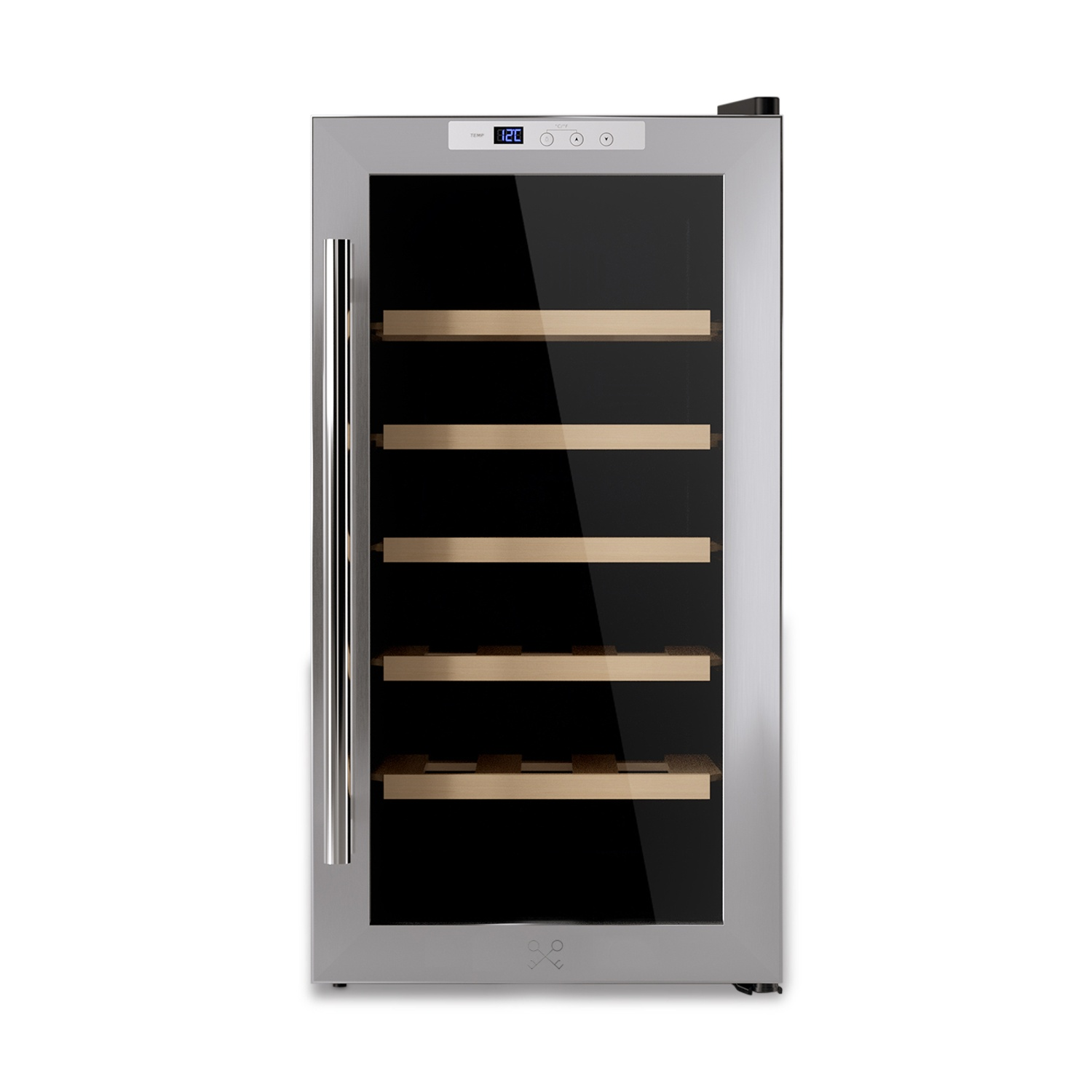Edler Weinkühlschrank mit Glastür und Holzböden.
