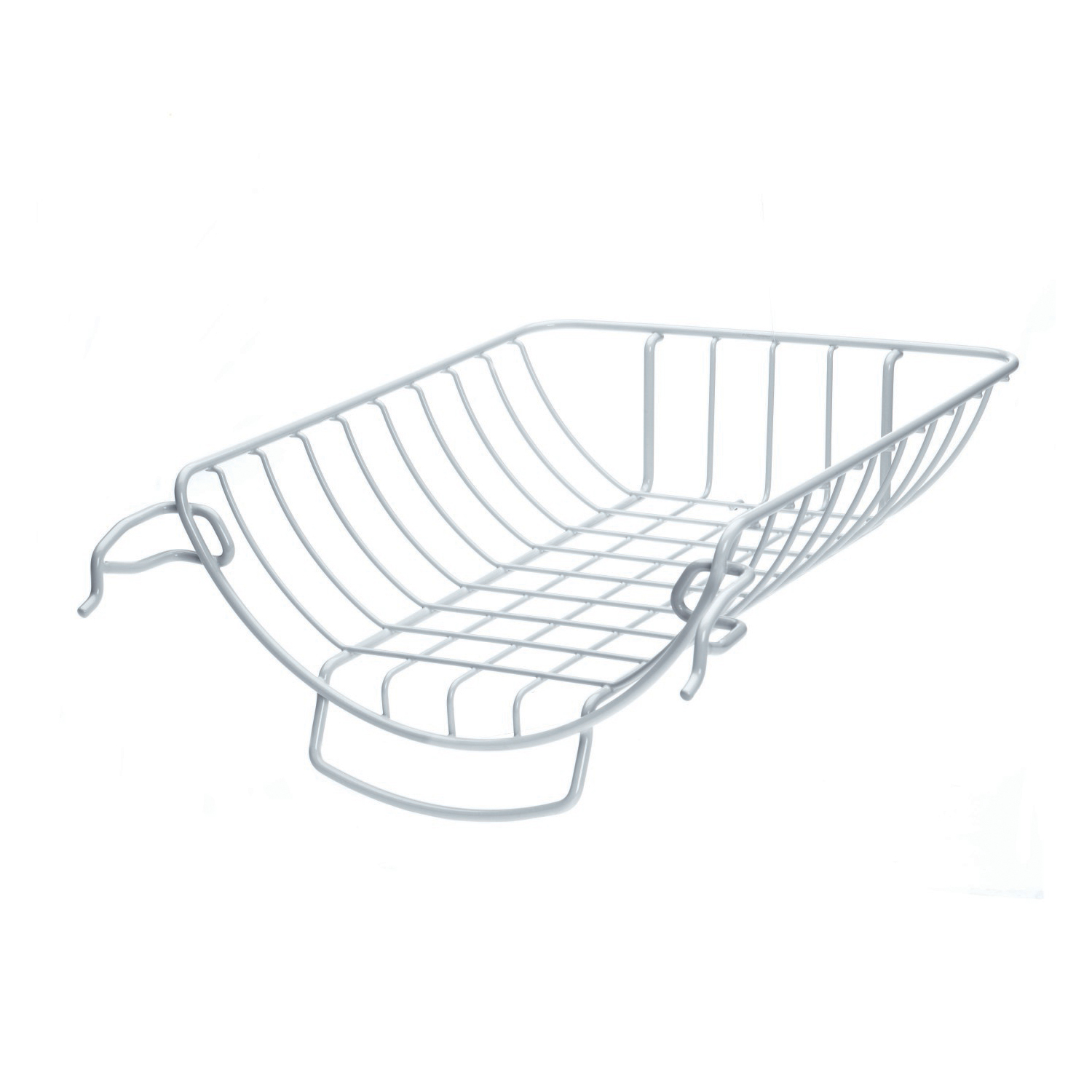 Un panier en fil métallique blanc avec poignées, conçu pour sécher la vaisselle.