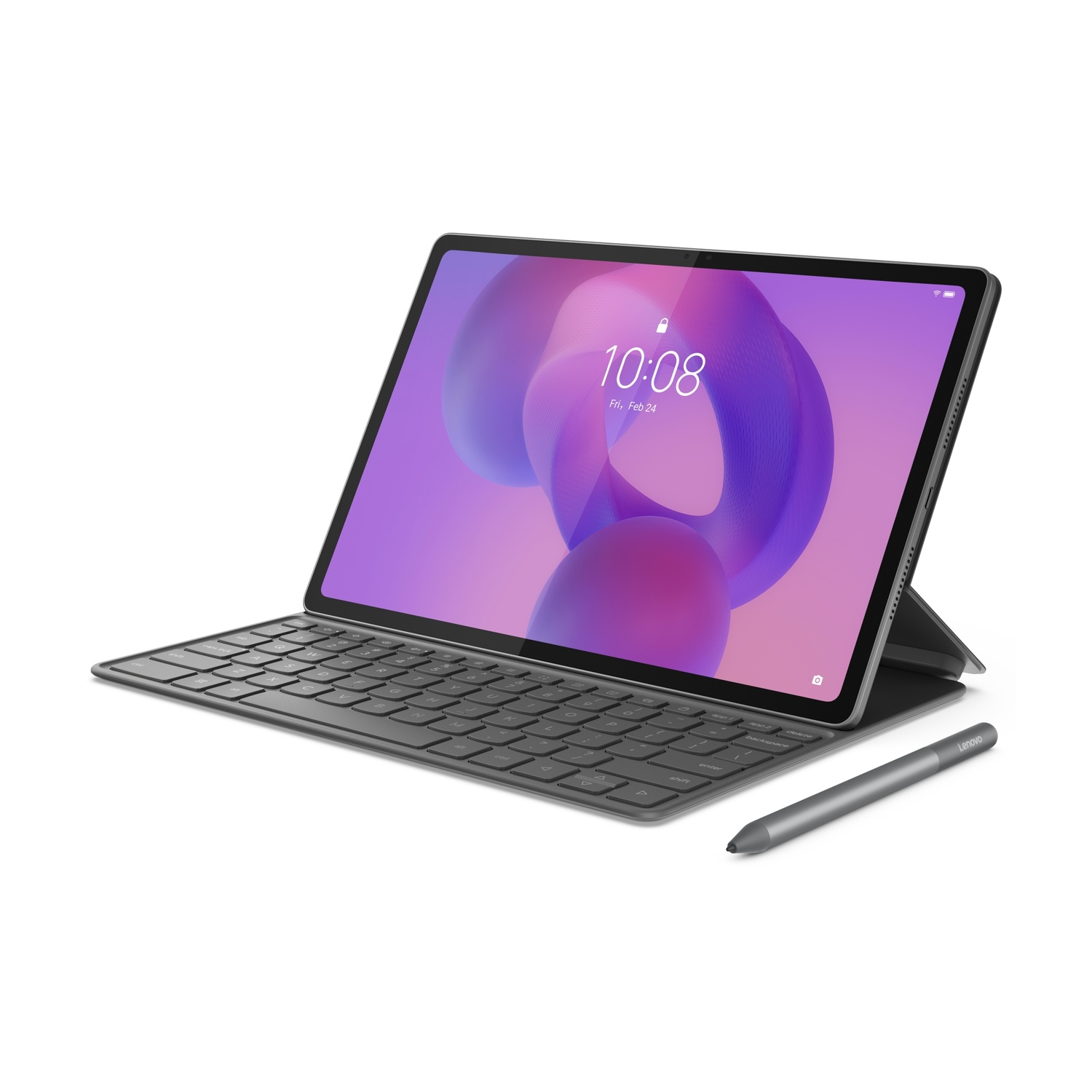 Szary tablet z klawiaturą i rysikiem na białym tle.