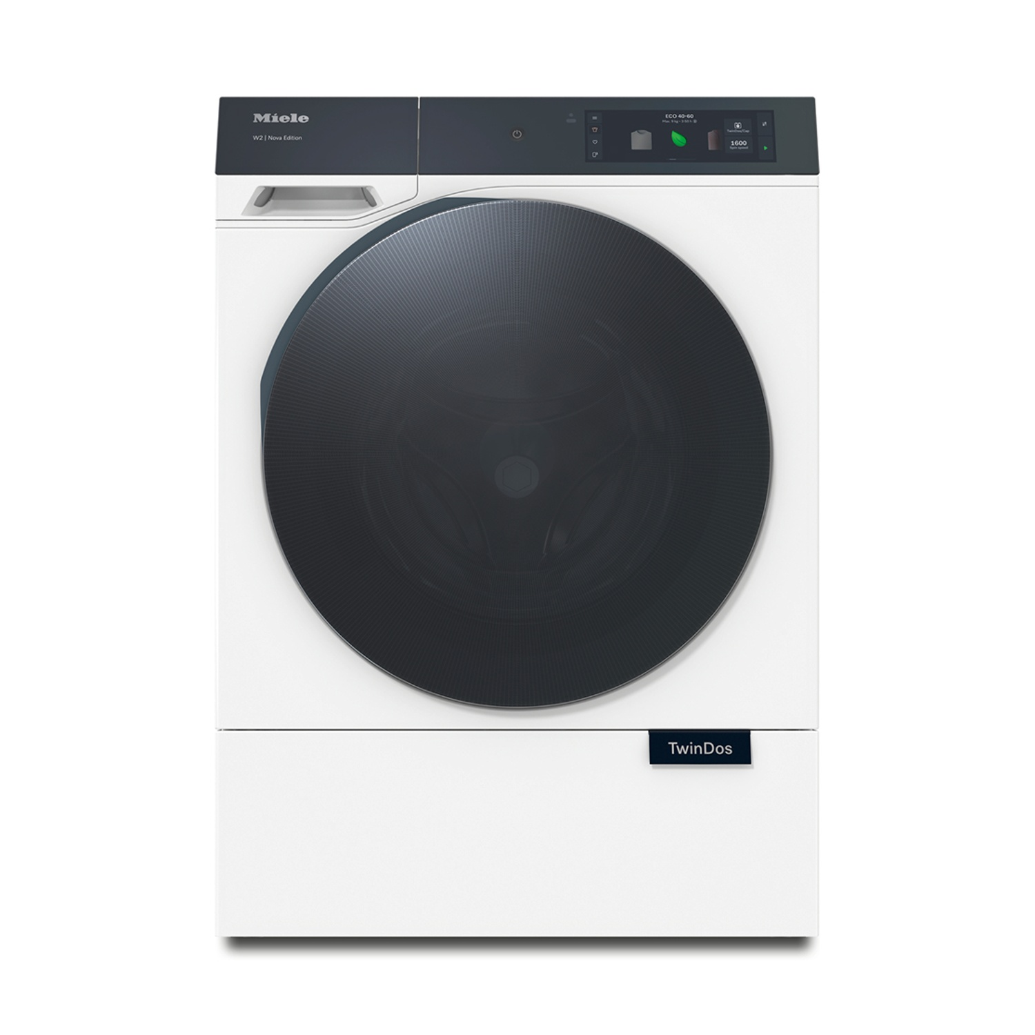 Lavatrice Miele bianca con grande oblò nero e display digitale.