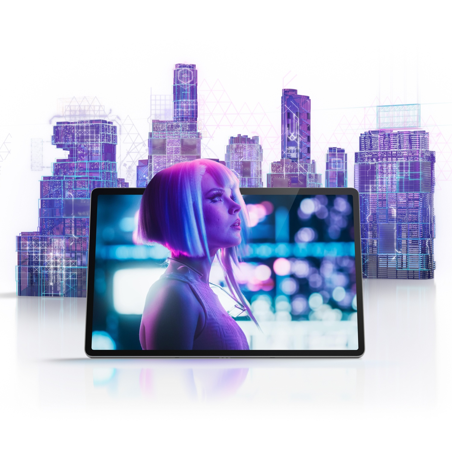 Tablet z kobietą o różowo-blond włosach na tle fioletowego futurystycznego miasta.