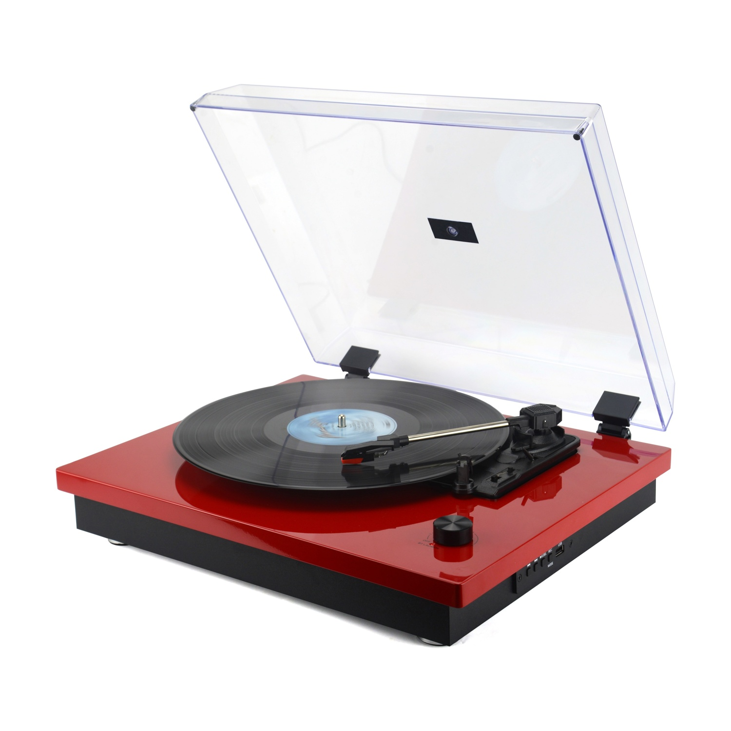 Un giradischi rosso con coperchio antipolvere trasparente aperto e un disco in vinile nero.