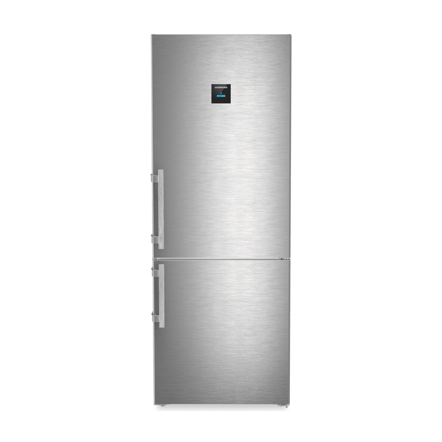 Refrigerador-congelador plateado independiente con pantalla digital.