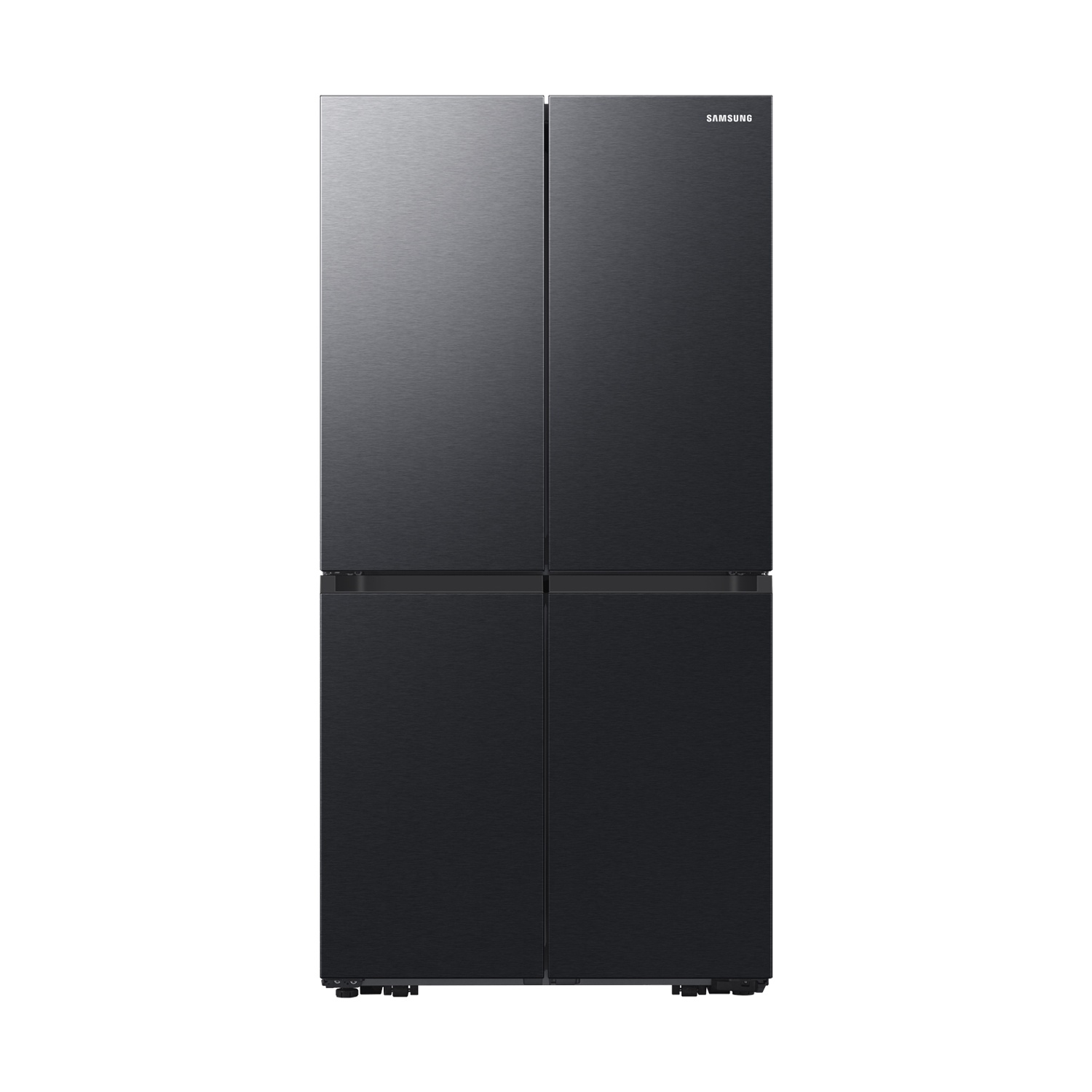 Un refrigerador negro de cuatro puertas con acabado de metal cepillado.