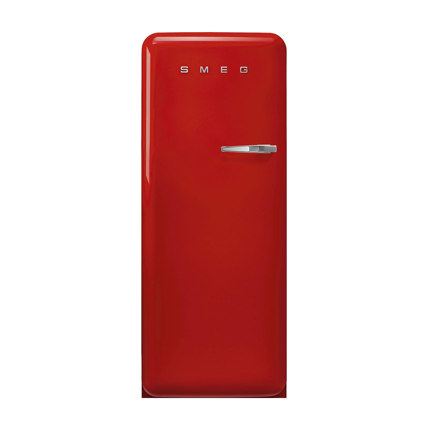 Un refrigerador Smeg rojo con asa y logo plateados.