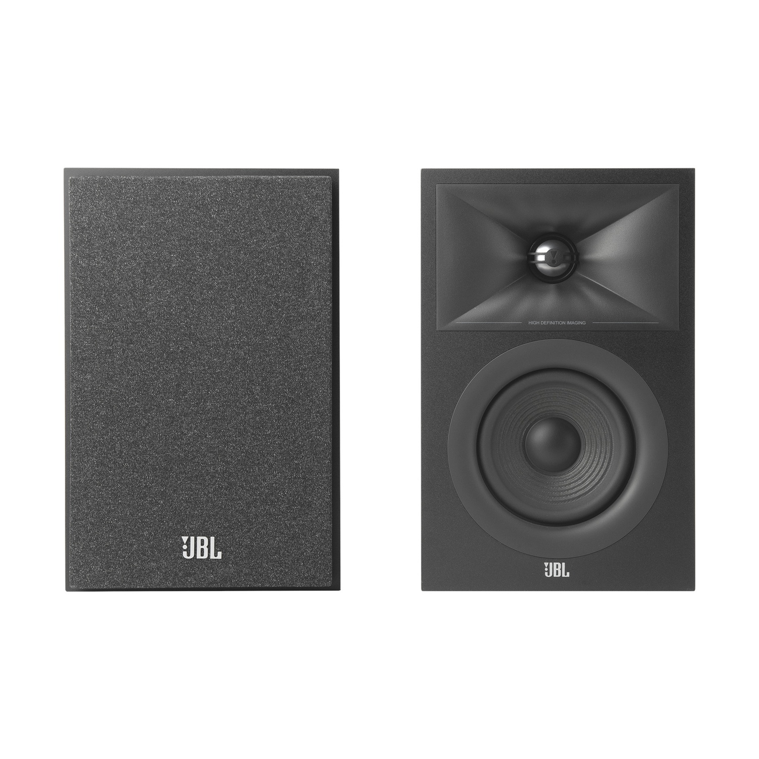 Dos altavoces JBL negros, uno con rejilla y otro abierto mostrando el altavoz.