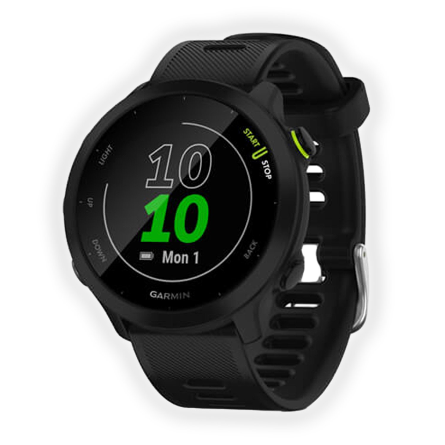 Schwarze Garmin-Smartwatch mit leuchtendem Display und Trainingsdaten.