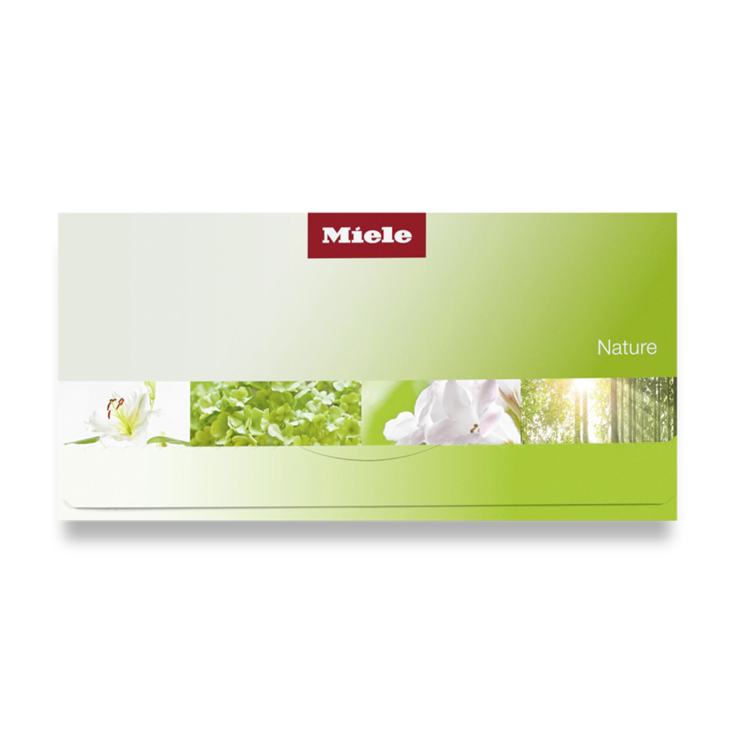 Logo Miele sur collage nature : lys blanc, feuilles vertes, fleur blanche, forêt.