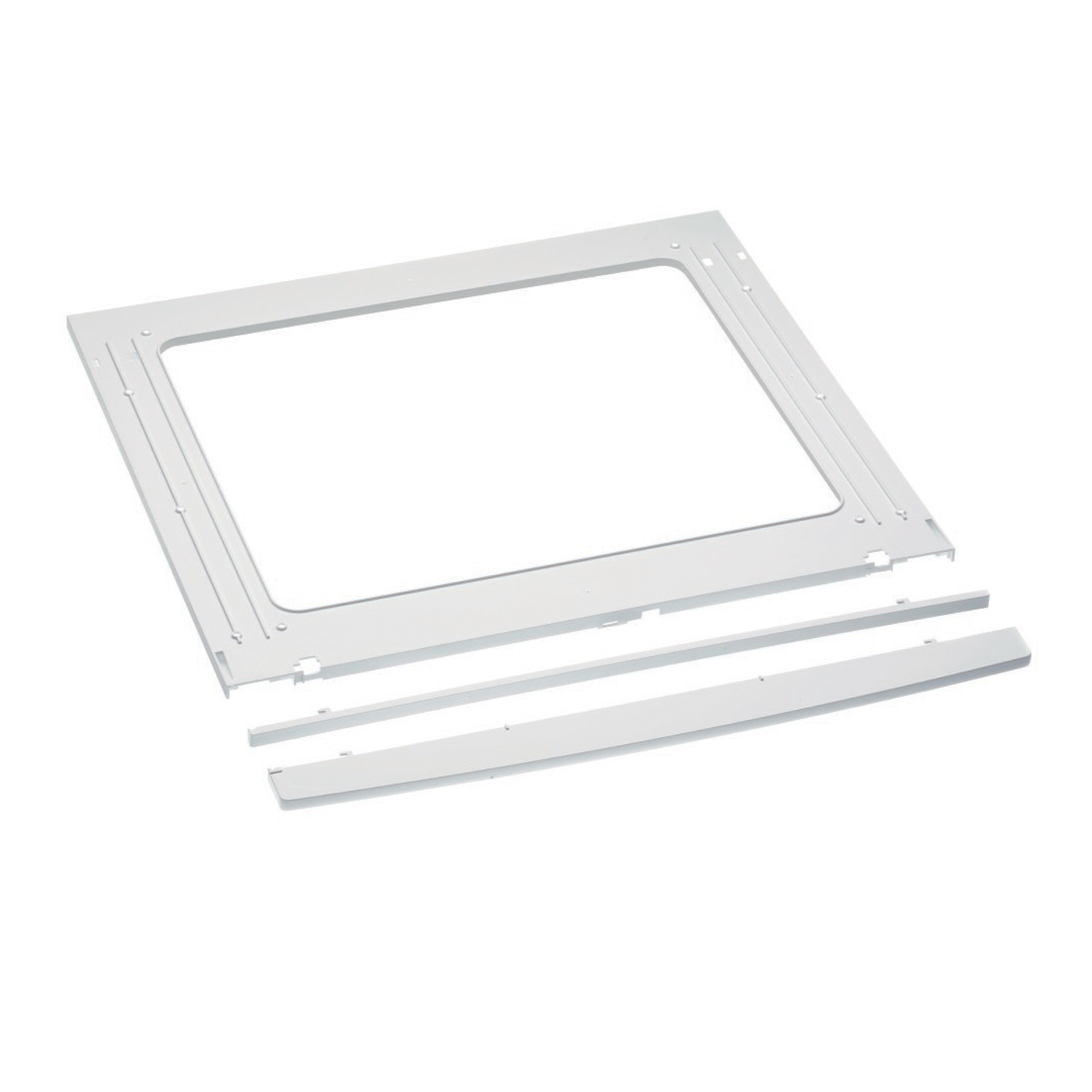 Un cadre rectangulaire blanc avec trois bandes blanches séparées en dessous sur fond blanc.