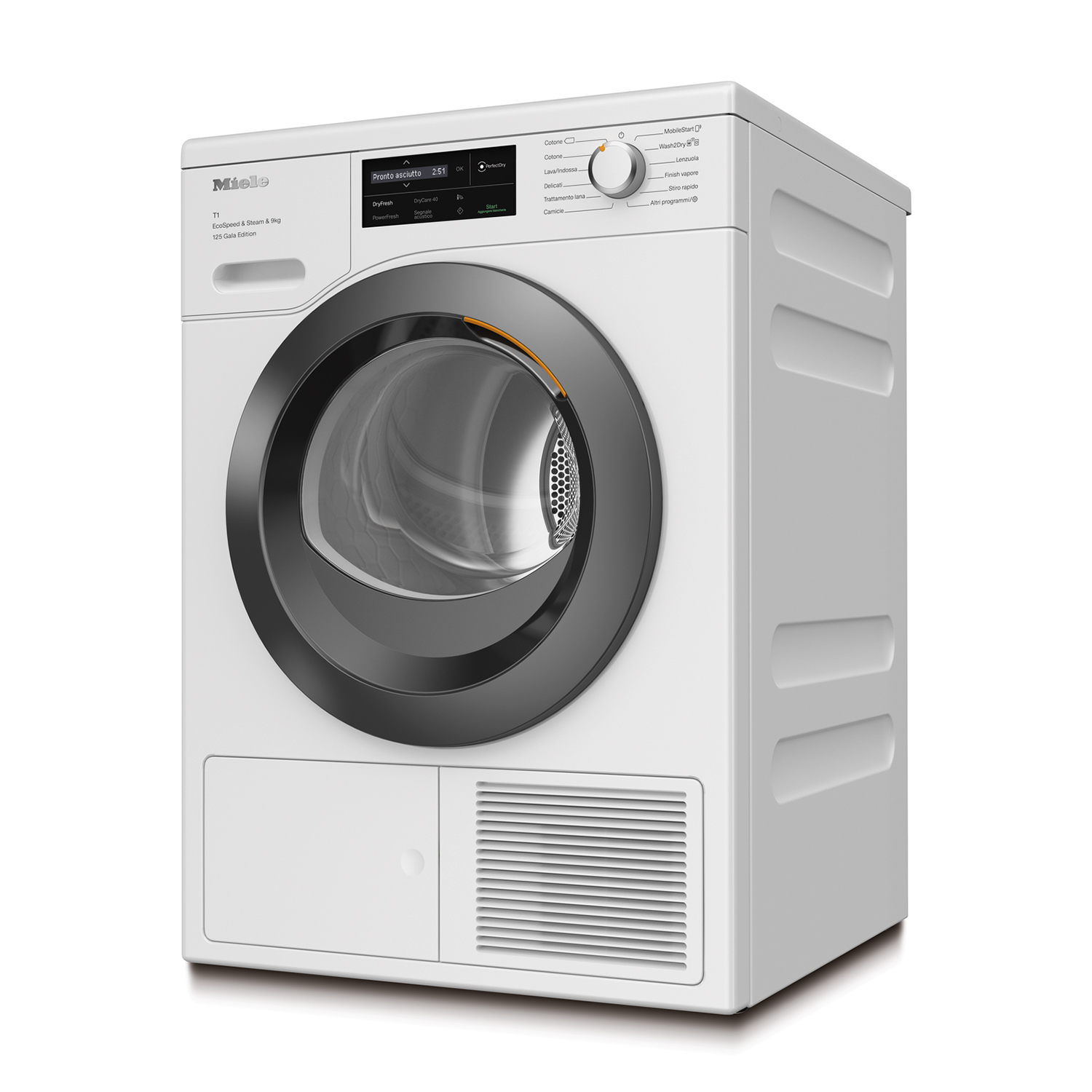 Une machine à laver Miele blanche avec écran numérique et panneau de commande.